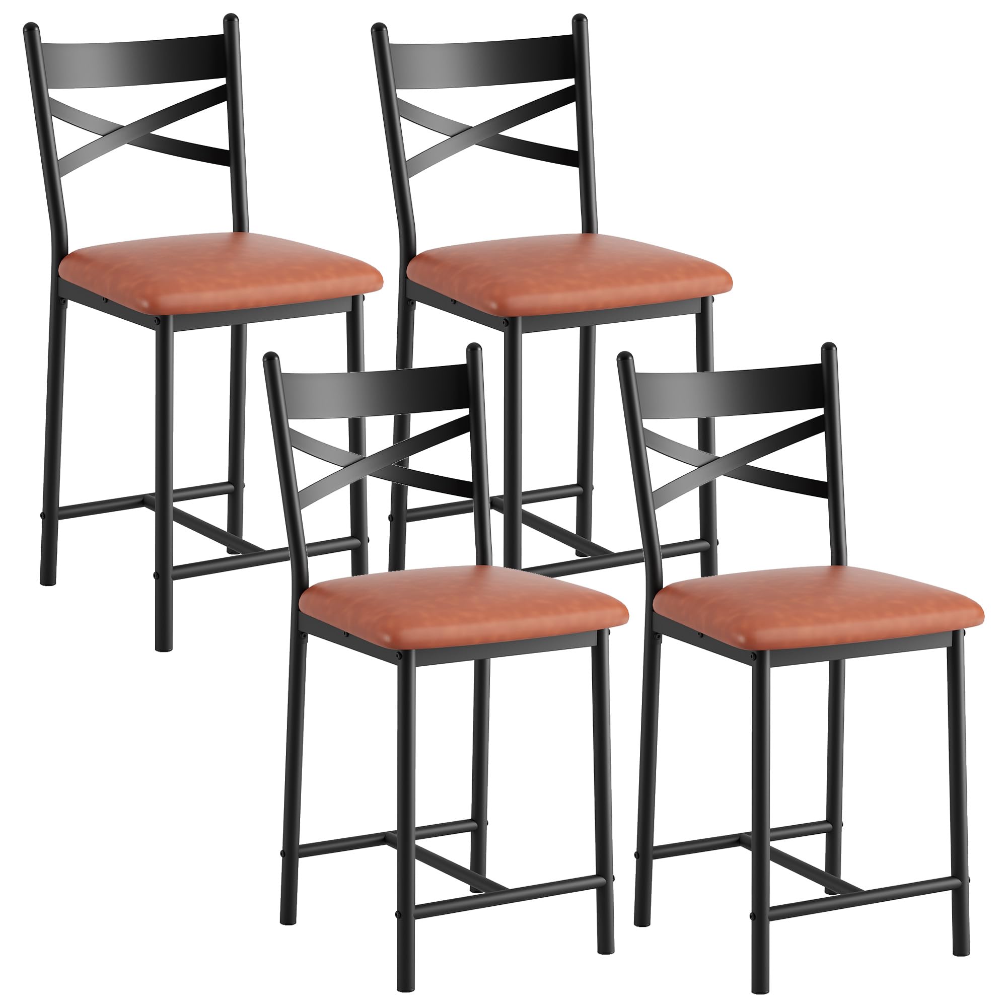 IdealHouse Dossier croisé stylé – Tabourets de Bar rembourrés – Assise en PU, Structure métal avec Repose-Pieds, Confort Moderne – pour îlot ou Salle à Manger – Marron, 22 Pouces, Lot de 4