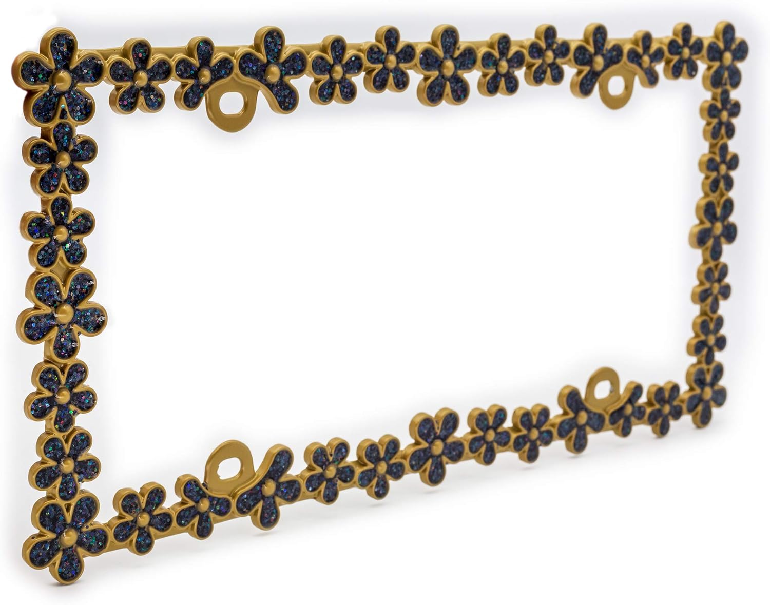 Creathome 3D Shining Daisy Wrenth License Plate Frame from Pure Zinc Alloy Metal Perfect Plate Holder,Matt Gold with Black Glitter - Image 4