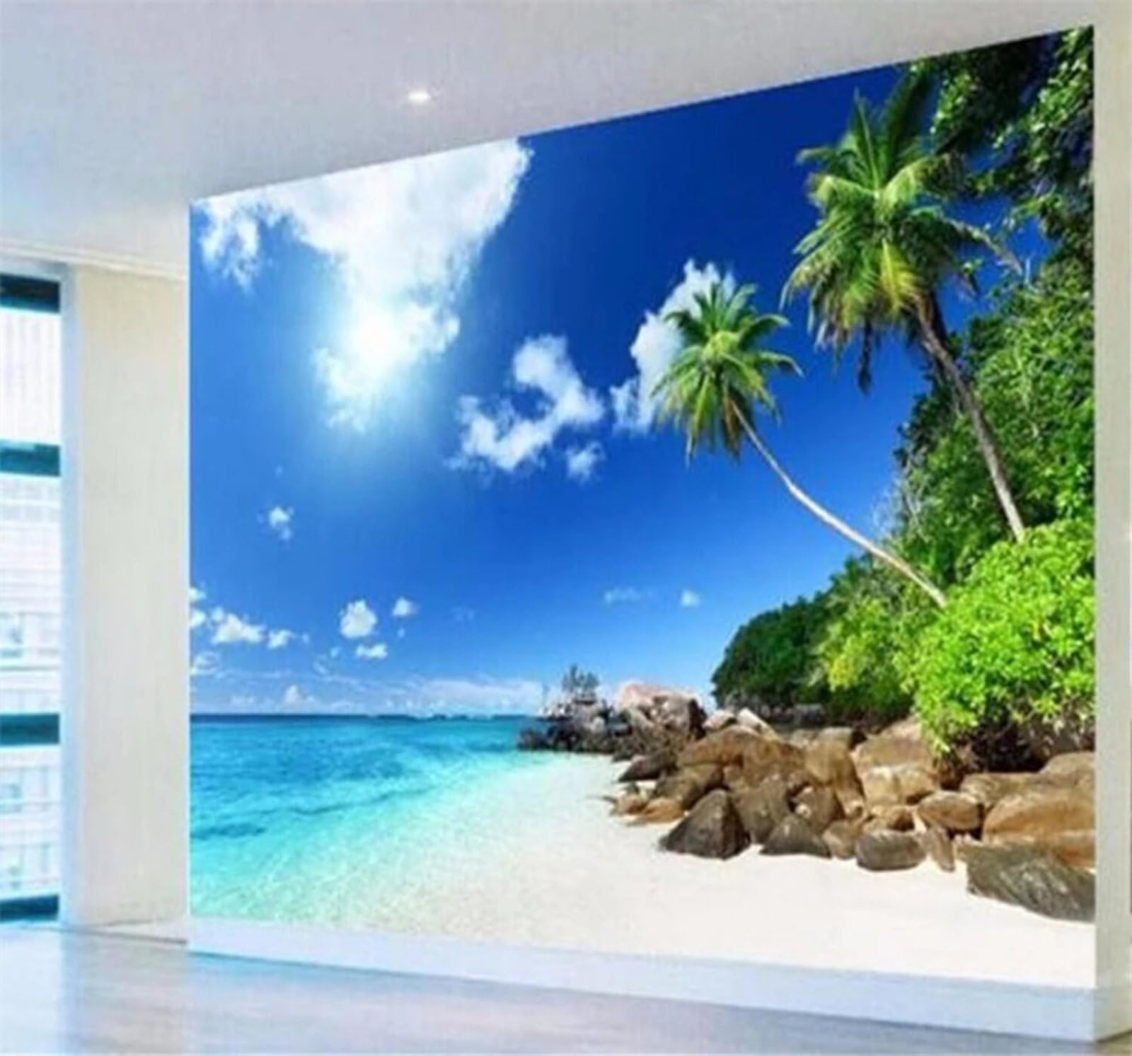 Wallpaper-3D-Xlm 350Cm×256Cm(B×H) Fresh Seascape Beach Palm Trees Landscape 3D Wallpaper Easy Install Feature Office Living Room Sofa Bedroom Tv Background Wall Decoration-350Cm×256Cm