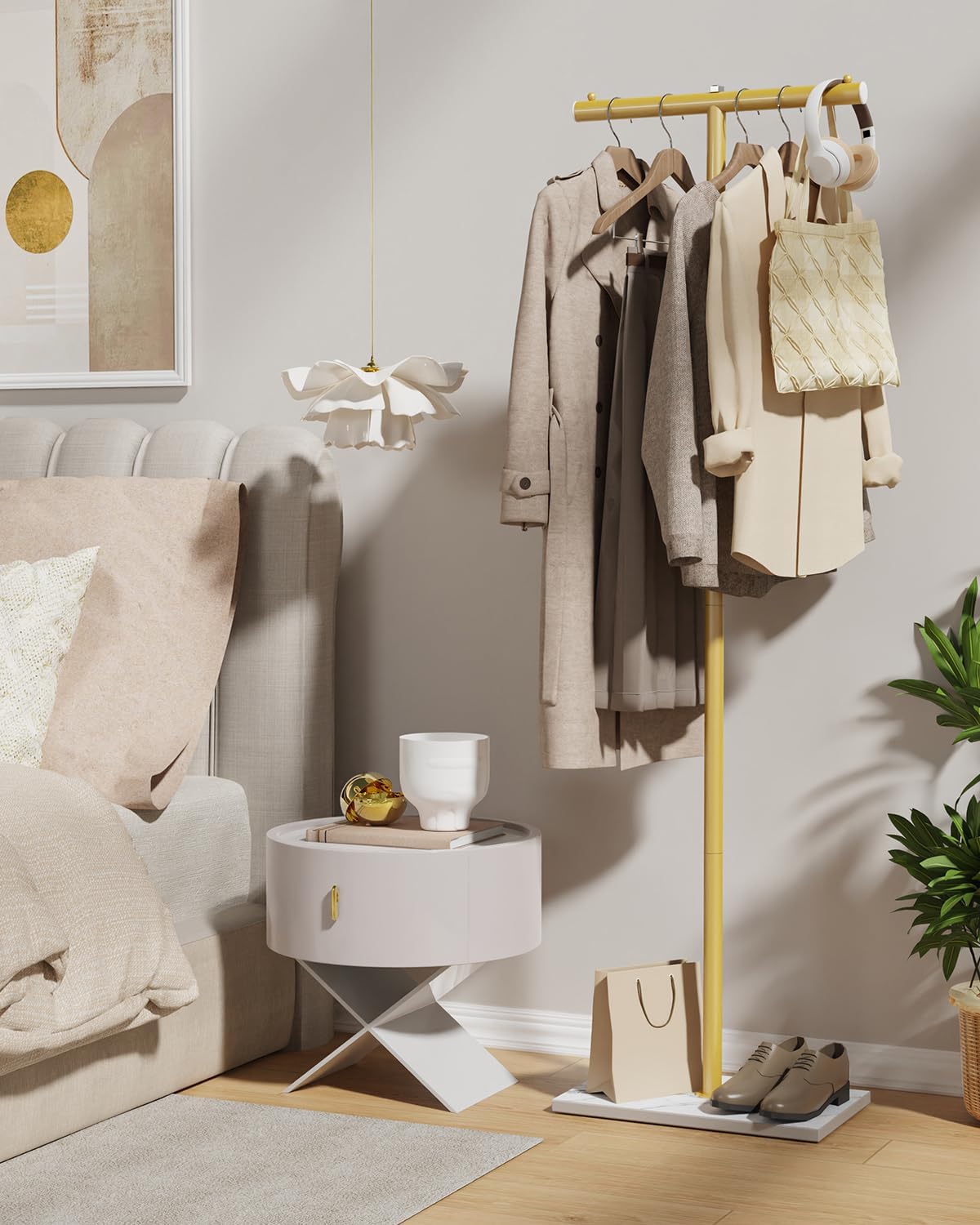 T-shaped Coat Rack Freestanding, Modern Clothes Rack with Rock Slab Base, Heavy-duty Metal Coat Tree for Boutiques, Hallway, Entryway, 68.9 Inches High, Golden Yellow, GYJ001WJ