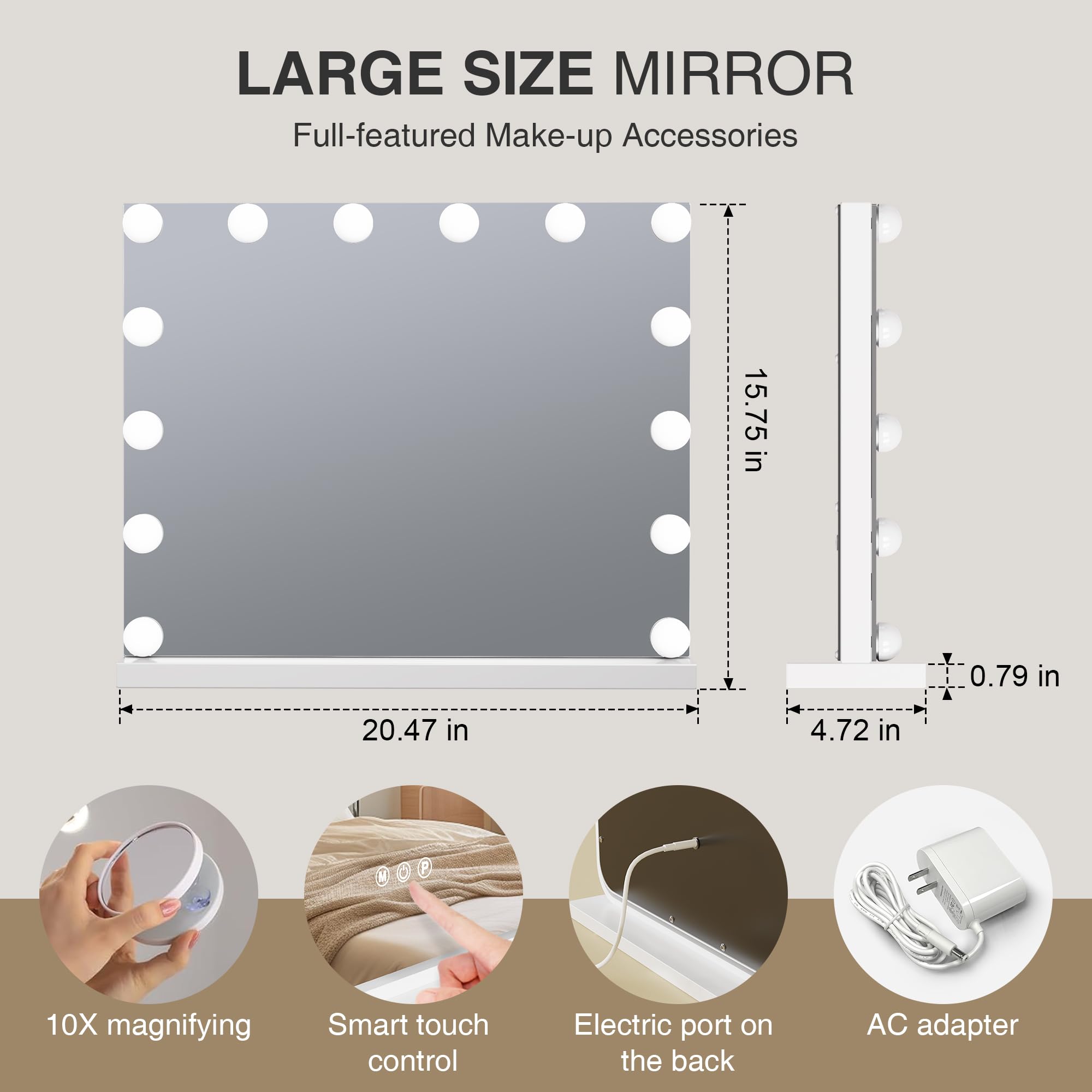 Miroir cosmétique Hollywood avec 3 Modes de Couleur, Miroir cosmétique éclairé avec Lampes LED à intensité Variable et grossissement 10x pour Bureau (52 cm x 40 cm)