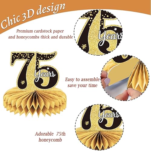 Miniatura 3 de 9 piezas de decoración de cumpleaños número 75 para centros de mesa de cumpleaños 75 para decoraciones de mesas, decoraciones de nido de abeja de 75