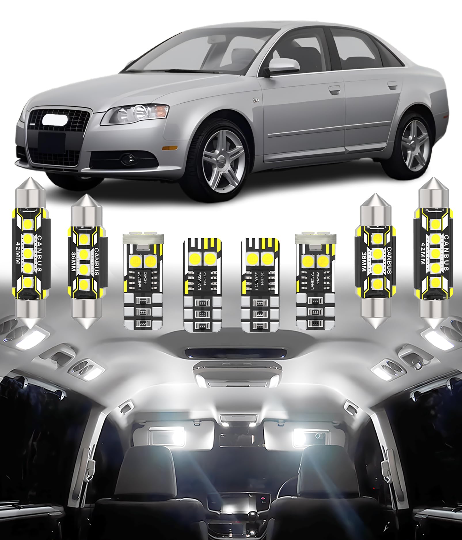 BMT xms 20pz Kit di Luci LED per Interni per AUDI A4 S4 RS4 B5 B6 B7 Sedan Avant 1994-2008, Lampadine LED per Interni Auto e Camion 6000K Bianco Luminoso