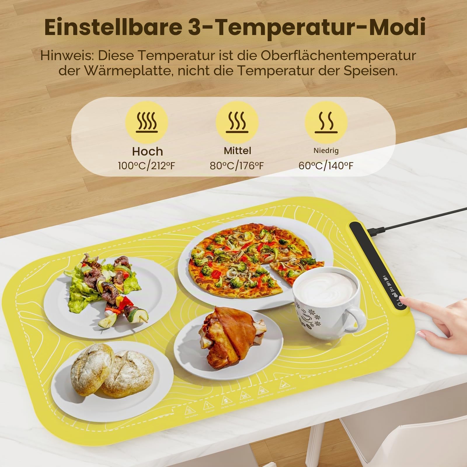 Elektrisches Warmhalte-Tablett für Lebensmittel, Vollflächige Heizung Speisenwärmematte, Rollbare & Tragbare Speisenwärmer, Speisenwärmer für Partys Buffet, Warmhalteschalen für Buffets Party (Yellow)