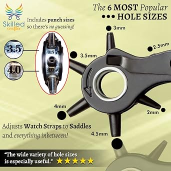 Leather Hole Punch & Belt Hole Puncher Easily Punches Perfect Round Holes. Bonus Ruler & Awl Tool. Leather Craft Tool for Watch or Bag Strap, Fabric, Eyelet - Precision Crafting & Professional Results