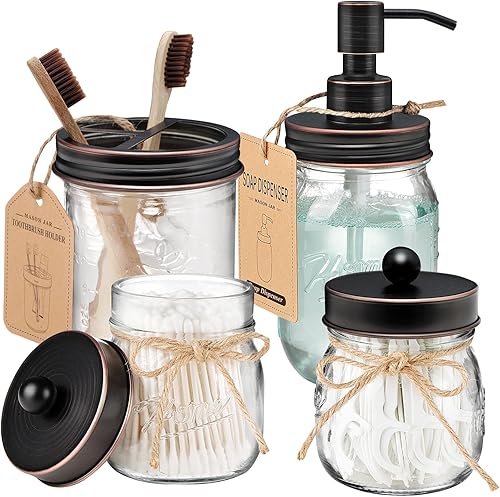 Amolliar Mason Jar - Juego de accesorios de baño de 4 piezas, dispensador de jabón de loción y 2 soportes Qtip y soporte para cepillos de dientes,