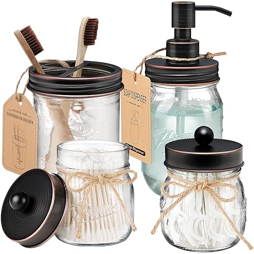 Amolliar Mason Jar Bathroom Accessories Set 4 Pcs -Lotion Soap