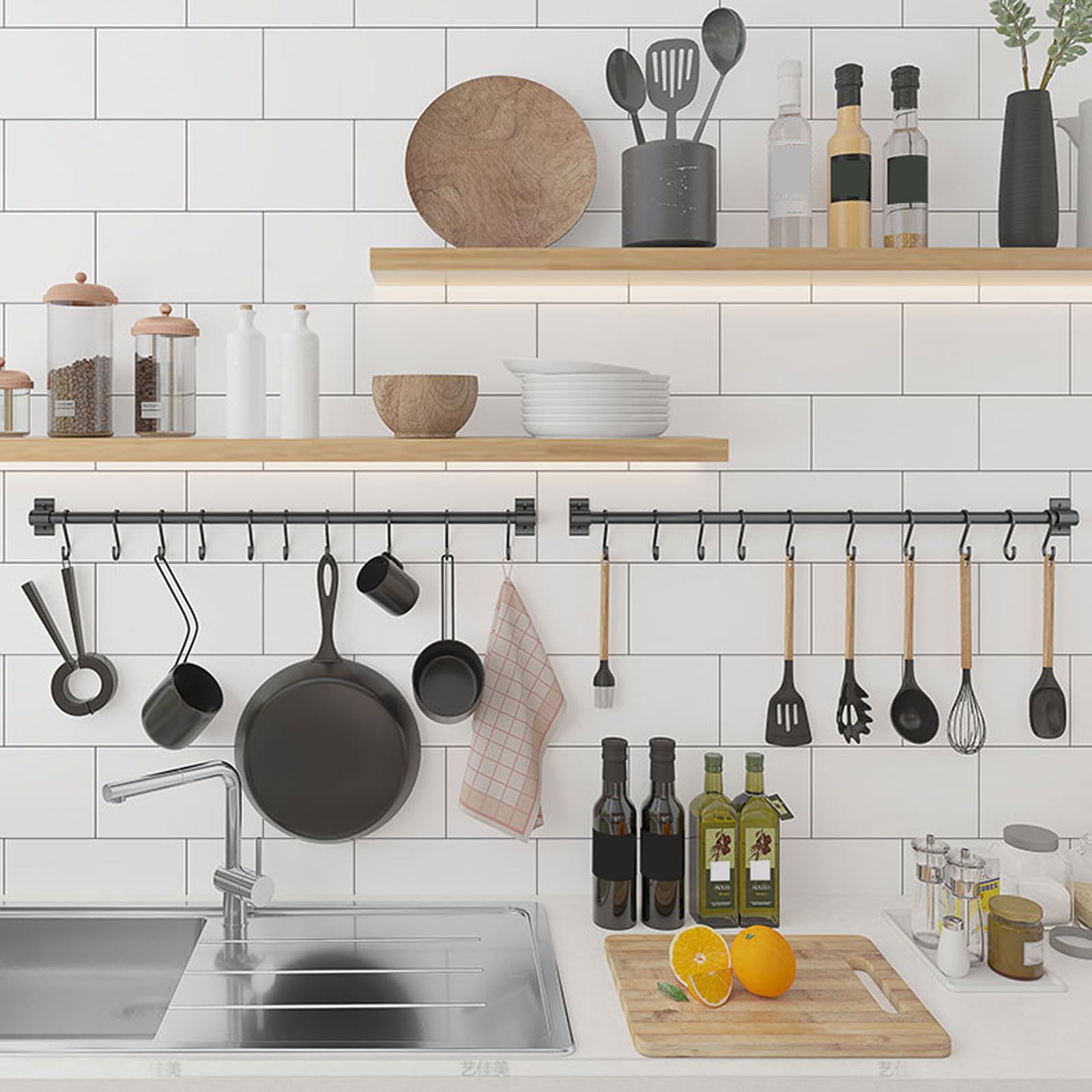 Porta Utensili Cucina,Barra Portautensili Cucina,Ganci Cucina,Supporto in Alluminio per Utensili da Cucina,Ganci Cucina Senza Buchi,Senza Foratura,Accessori Cucina，per Cucina,Nero