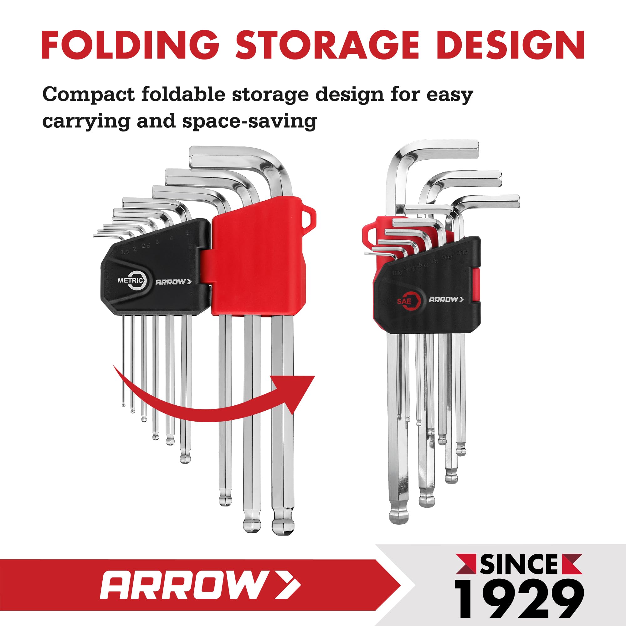 Arrow Inbusschlüssel-Set mit Kugelende, SAE und metrischem Sechskantschlüssel-Set, Cr-V-Stahl mit abgeschrägten Kanten, lasergeätzte Größe, 2er-Pack Inbusschlüssel-Set für Fahrrad-, Möbel- und