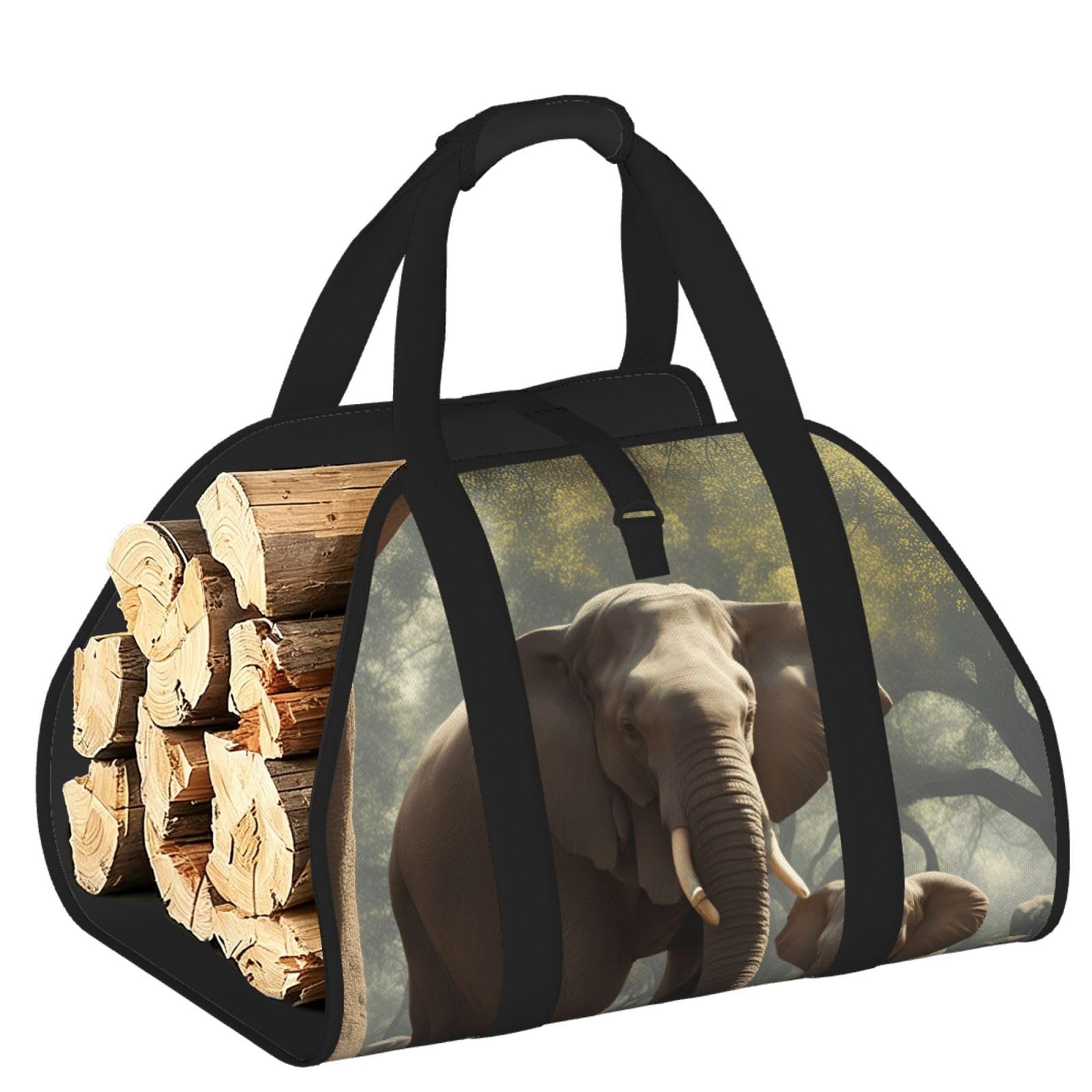 Ayyqwe Black Elephant Print Firewood Bag Wood Waterproof Versatile Camping Picnic Storage Daily Home