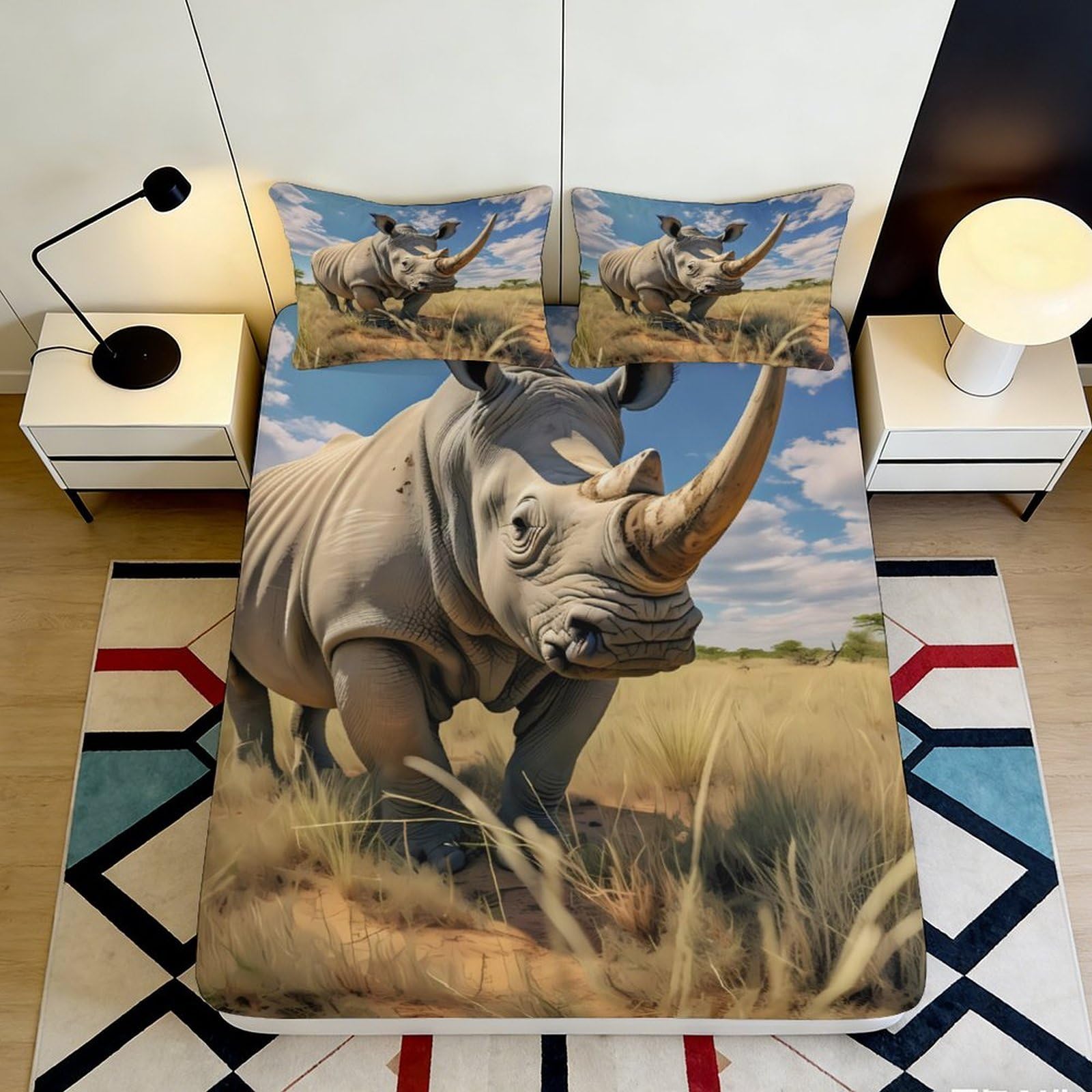3D Printed Rhino Savanna Fitted Sheet Microfiber Soft Durable Wildlife Grassland Mattress Cover for Bedroom Guest Room Decor 90x200x25cm