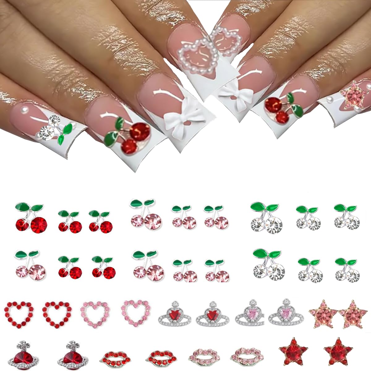 COOSLIM 30 Pcs 3D Cherry Nail Charms, Sliver Cherry Nail Rhinestones, Heart Nail Art Shiny Gems Nail Studs Cute Planets Nail Diamond Crystal Luxury