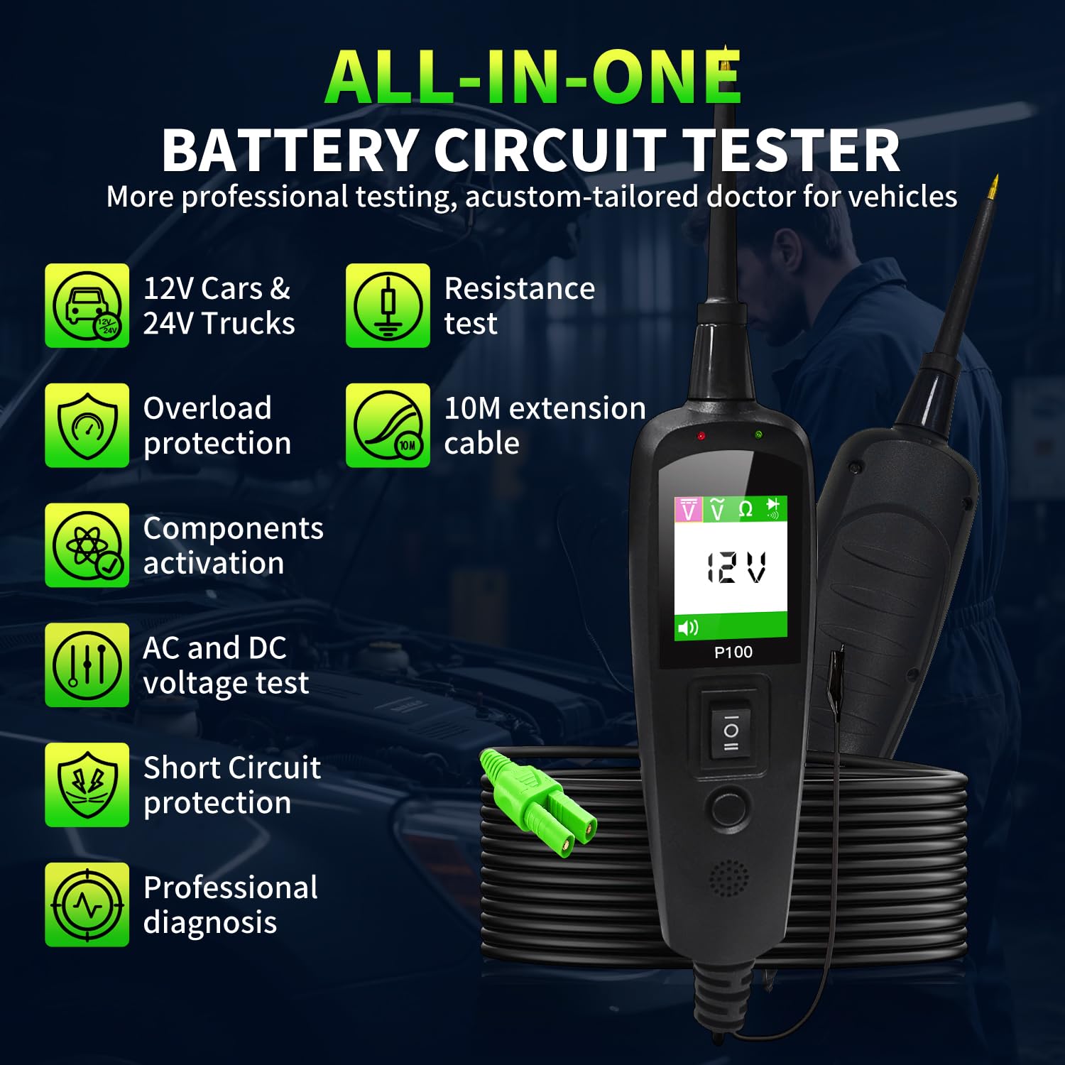 12V Vehicle Electrical System Circuit Tester - 4-in-1 Multimeter for Voltage, Polarity, Continuity & Short Circuit Detection, Auto Diagnostic Tool with LCD Display