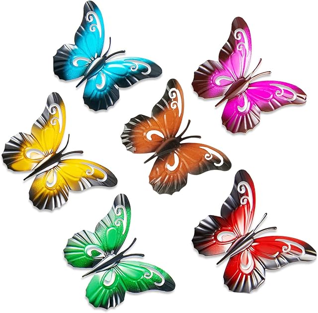 6 Pcs 3D Metal Butterfly Wall Decor Wall Art Hanging Sculpture Garden Butterfly For Indoor Outdoor Home Living Room Bedroom backyard Porch Patio Fence