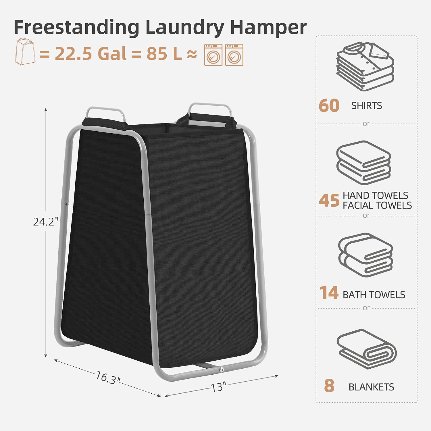 STORAGE MANIAC Metal Rack Laundry Hamper, Large Laundry Basket with Convenient Handle, Freestanding Dirty Clothes Hamper for for Dorm, College, Small Space, Closet, Bedroom, Black