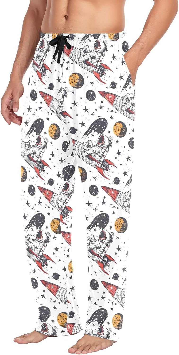 ALAZA Astronaut Rocket Stars Men's Pajama Pants Men Cotton Pajama Bottoms with Pockets, S