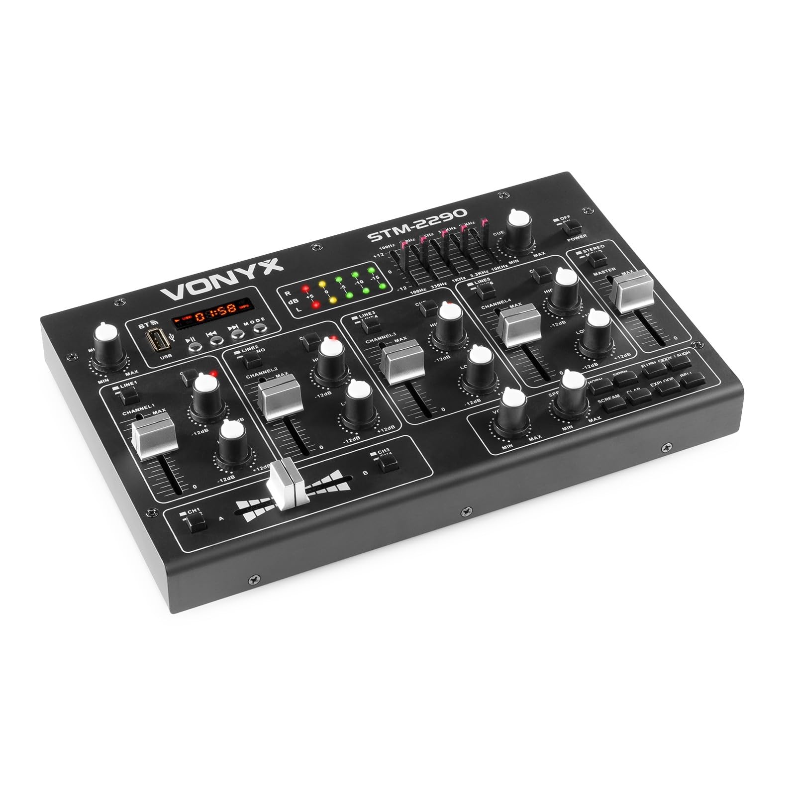 Vonyx STM2290 Table de Mixage DJ 8 Canaux, Entrée USB, Bluetooth, 8 Effets sons Individuels, Equalizer 5 Bandes, Entrée Micro et Sortie Casque, Écran LCD