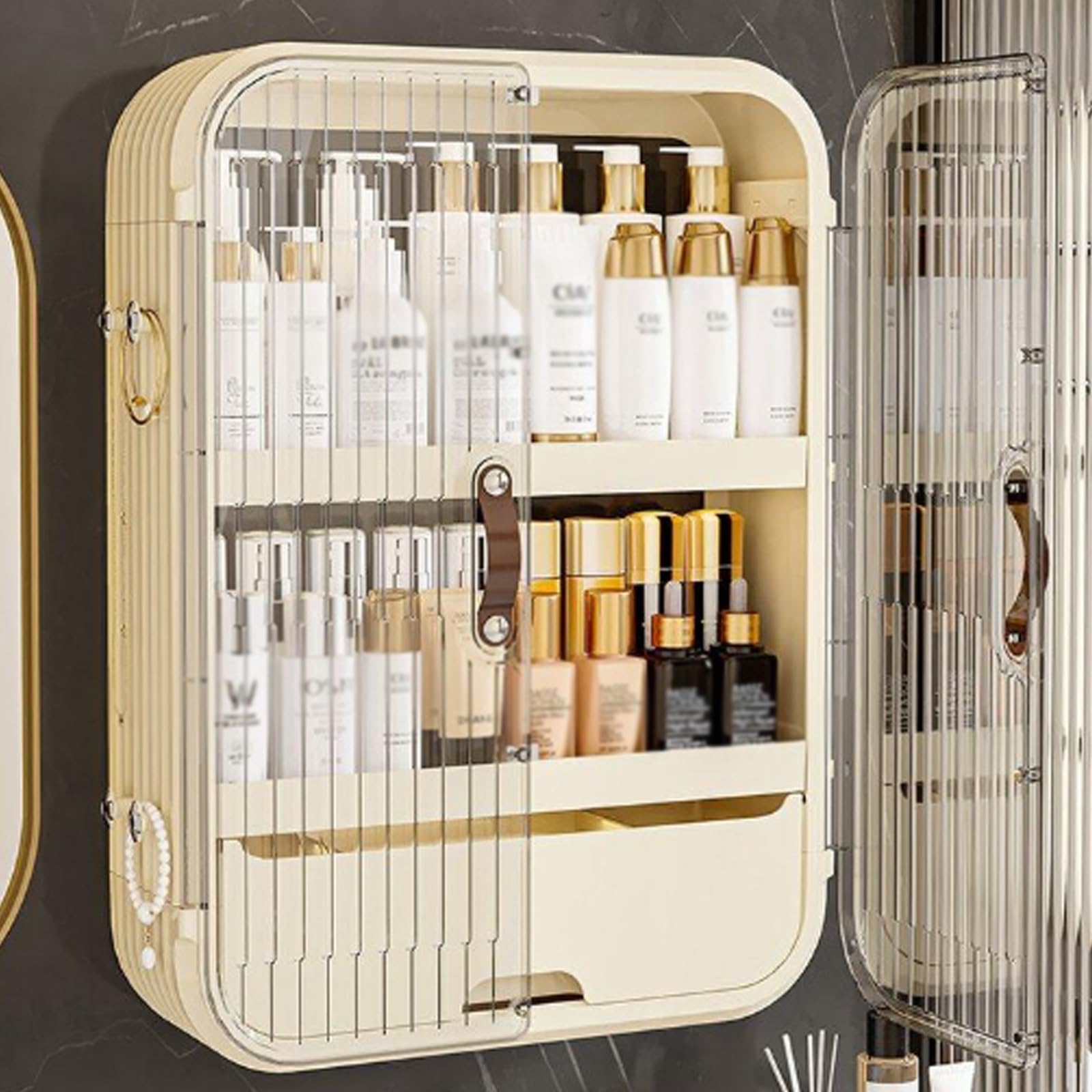 LYGXWJFC An der Wand montiertes, staubdichtes Aufbewahrungsregal mit Tür für Badezimmer-Waschtisch, Kosmetika und Shampoo, kein Bohren erforderlich, schwimmendes Hängeregal für Zimmer und Schlafzimmer