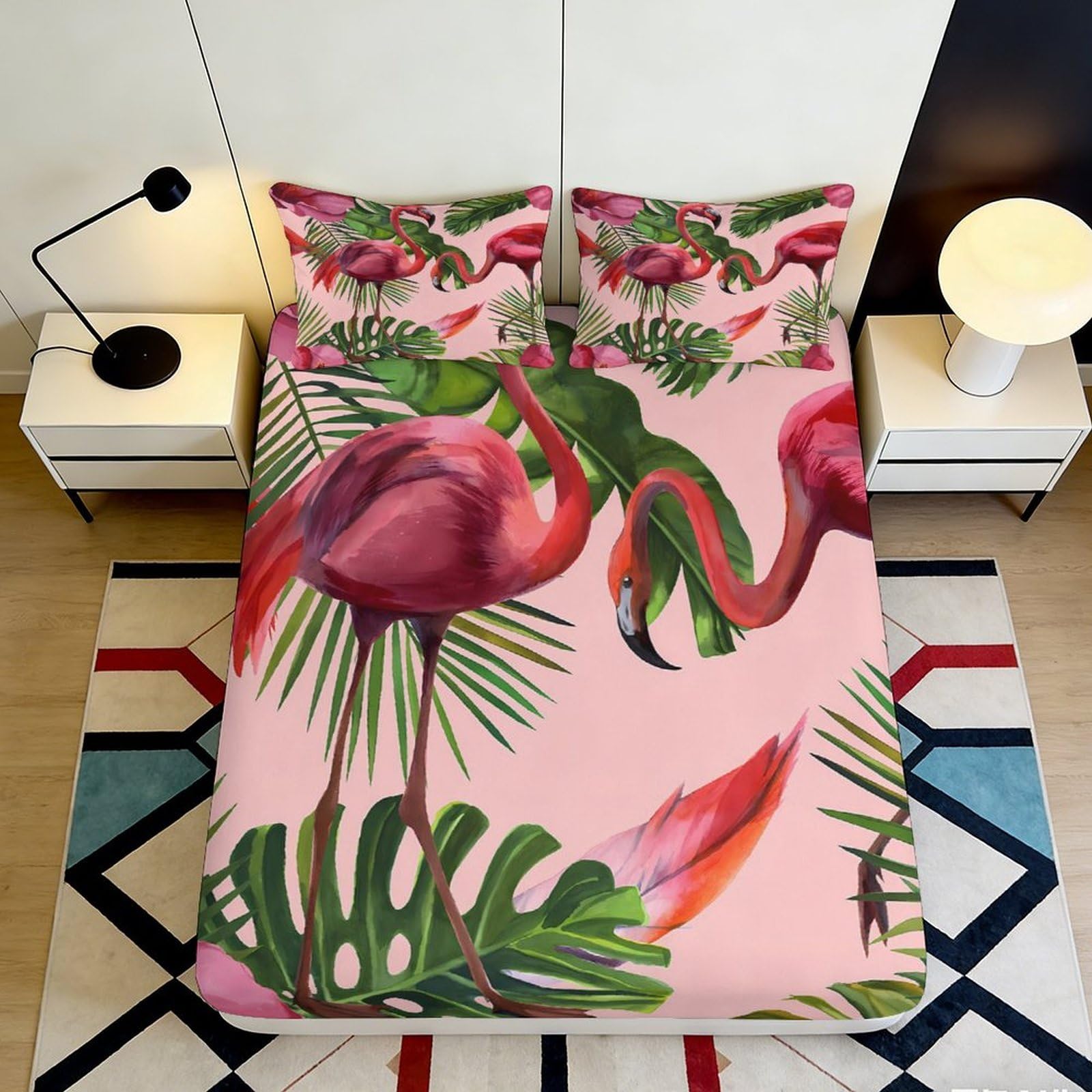 3D Printed Flamingo Tropical Fitted Sheet Microfiber Elastic Hem Deep Pocket Flamingo Mattress Fitted Cover Non-Slip Washable for Bedroom 90x200x25cm