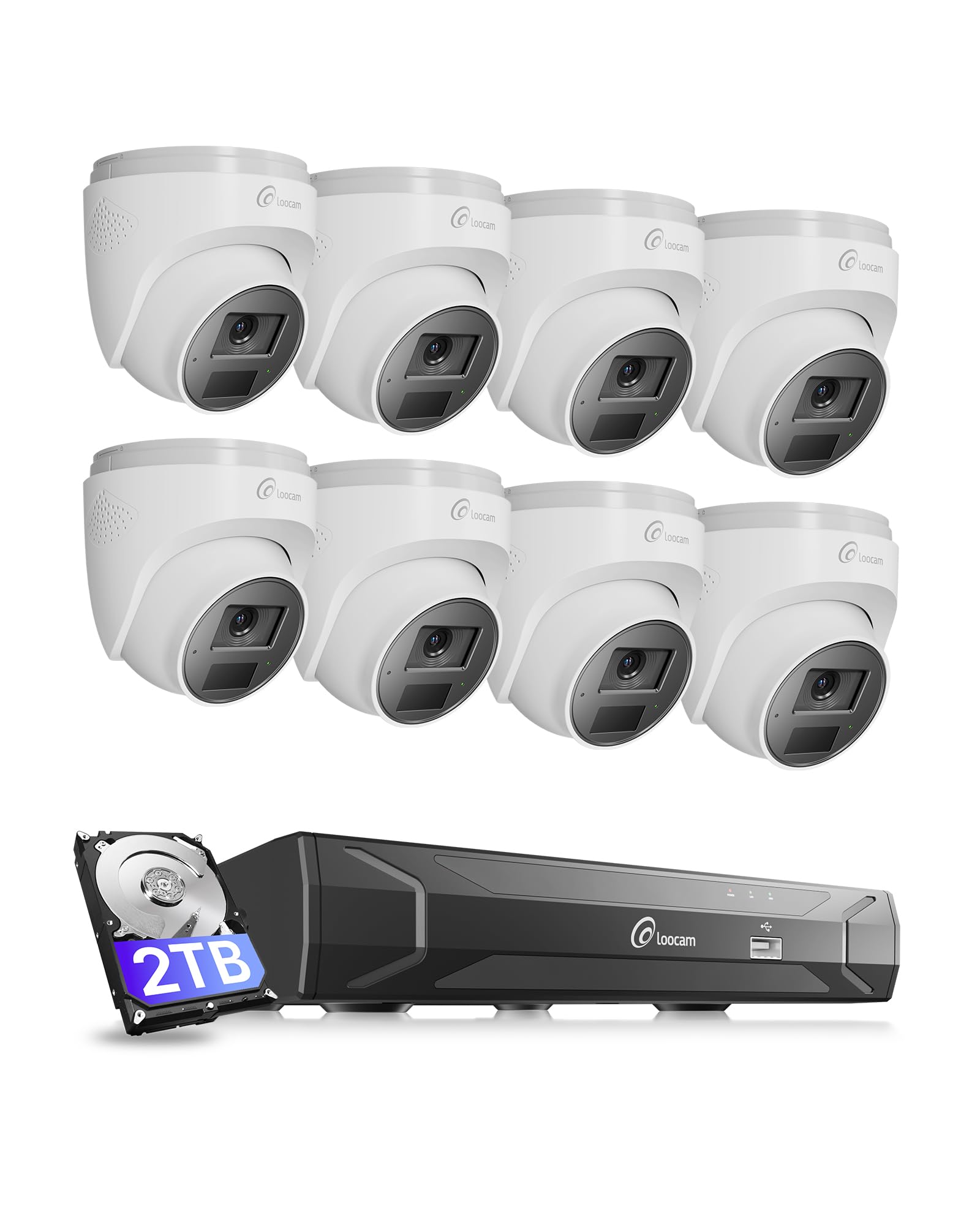 Loocam 5MP PoE CCTV Camera System with 2-Way Audio, 8pcs 4MP Wired PoE Security Cameras Indoor Outdoor, H.265+ 8 Channel 3K Home Surveillance NVR with 2TB HDD for 24/7 Recording, 100ft Night Vision