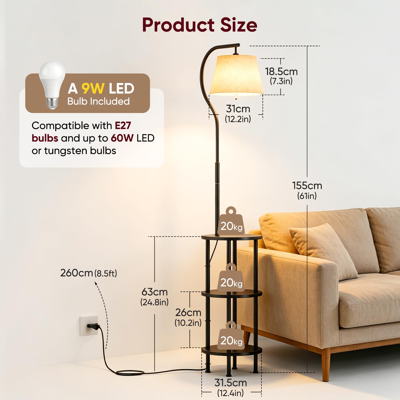 Stehlampe Wohnzimmer mit Ablage, LED Stehlampe, 3 Holzregale | 155 cm Stehlampe mit 3 Holzablagen, 3 Farbtemperaturen, 350° drehbar, E27, für Wohnzimmer, Schlafzimmer & Arbeitszimmer