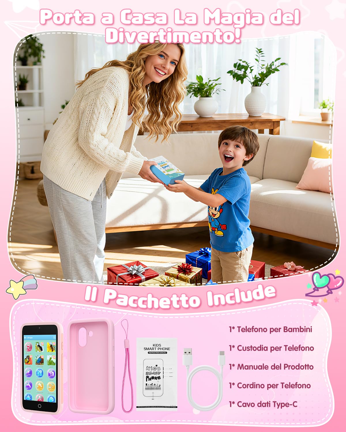 Telefono Giocattolo per Bambini, 3.97" Cellulare per Bambini 3 4 5 6 7 8 9 10 11 12 Anni con 200+ Giochi, Doppia Fotocamera, Controllo Parentale, Telecamera, Musicale, Regalo di Compleanno Natale