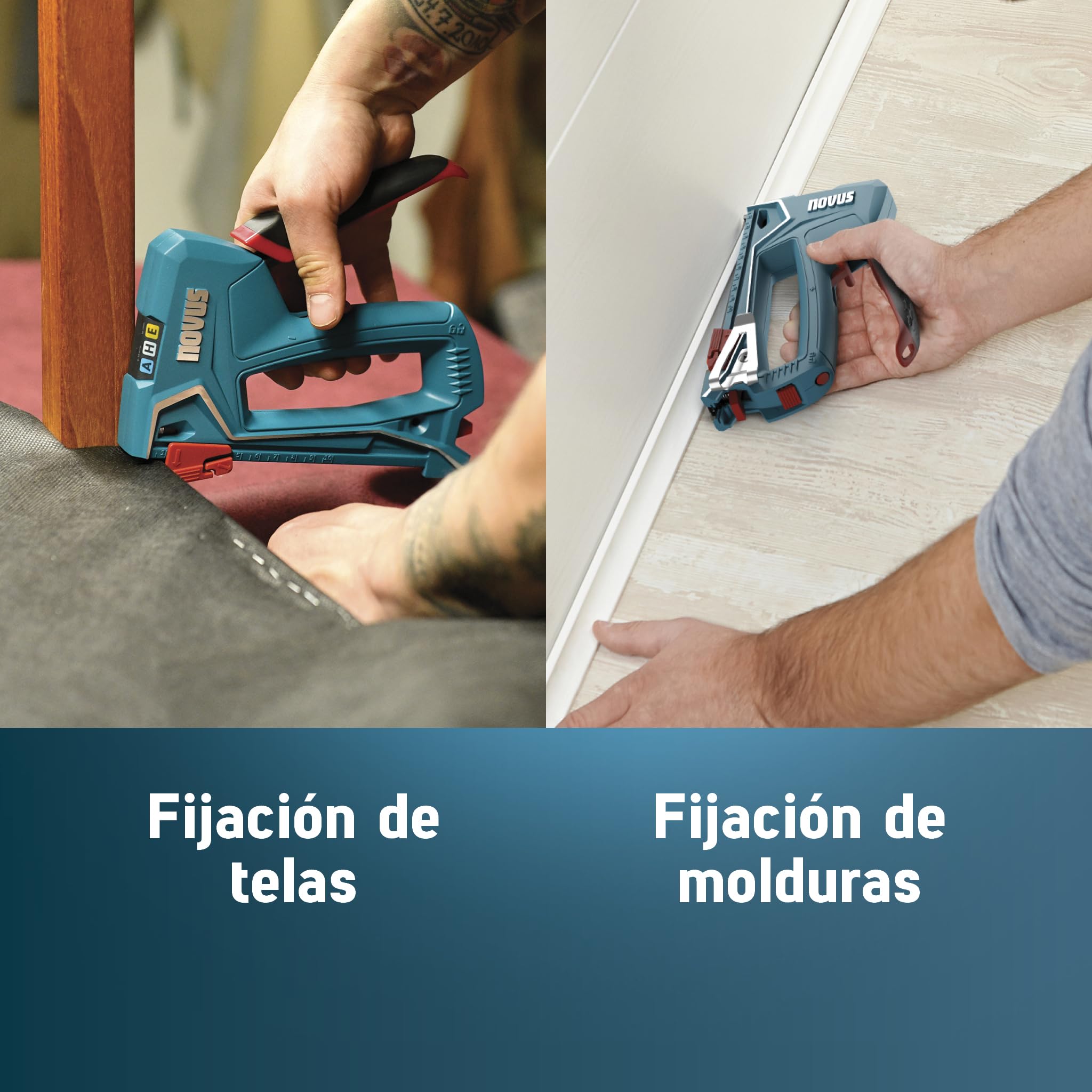 NOVUS TOOLS Grapadora manual J-50 con 1800 grapas, grapadora profesional para madera con carcasa de aluminio, ajuste de fuerza de impacto, tope de distancia para grapas de alambre fino de 6-14 mm