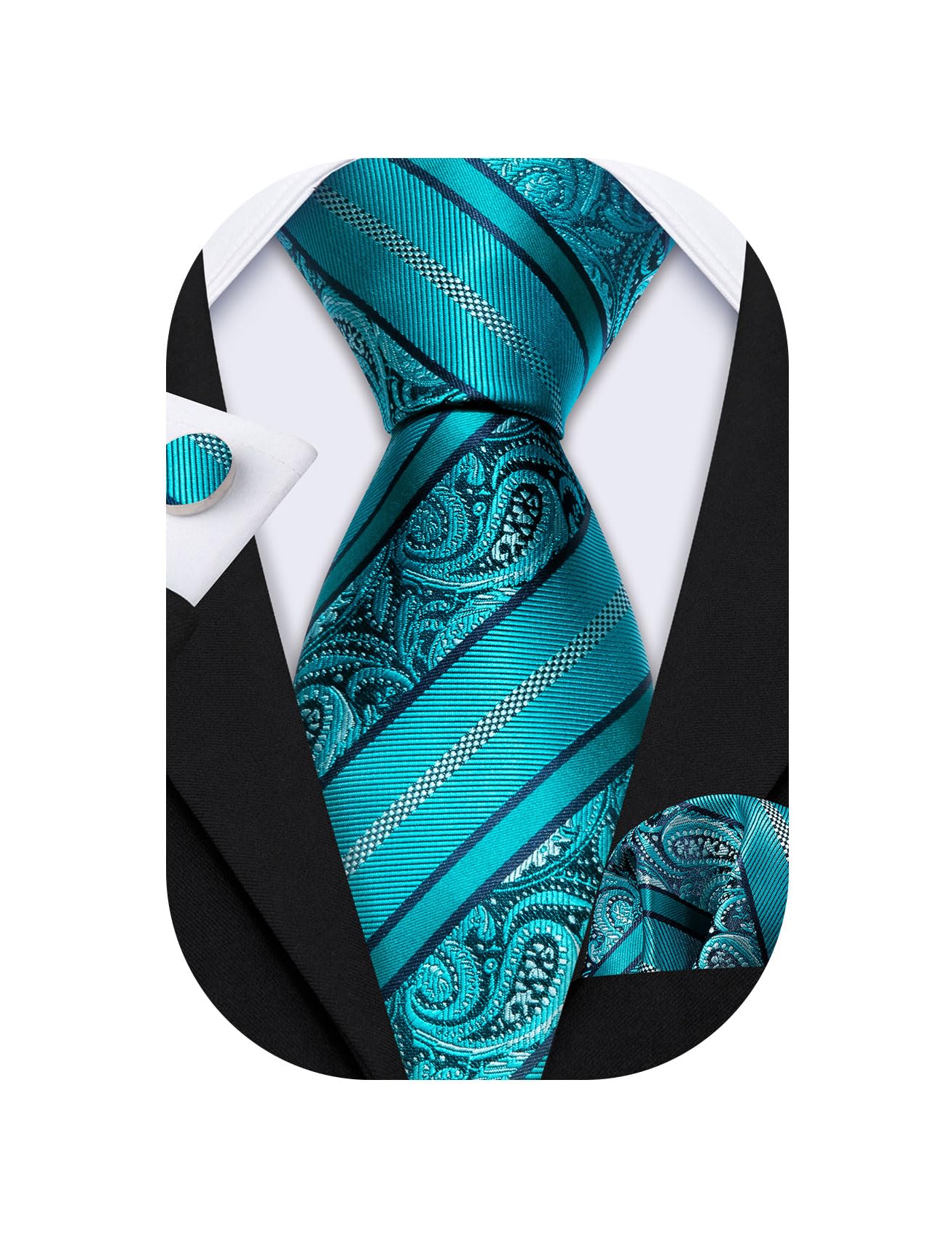 Barry.Wang Men Tie Sets Paisley Silk Necktie Pocket Square Cufflinks