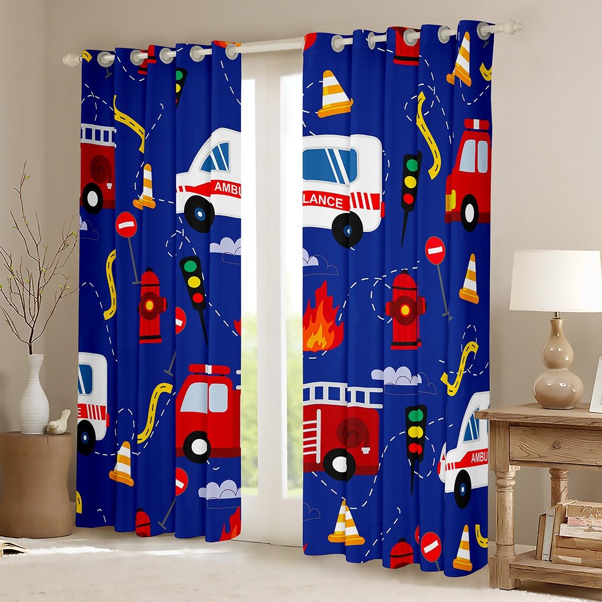 Bedluxy Fire Truck Car Window Curtains Cartoon Fire Truck Blackout Curtains for Kids Fire Engine Darkening Dreapes Cartoon Ambulance Car Window Treatments W46*L72 - Image 2