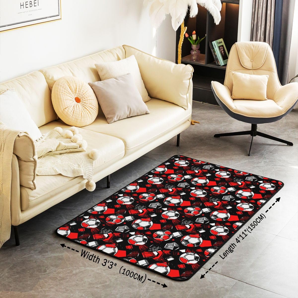 Homewish Dywaniki do piłki nożnej 100 x 150 cm - piłka nożna piłka nożna dywan salon gra sportowa nie gubi włosia dywan czarny i czerwony patchwork duże dywany