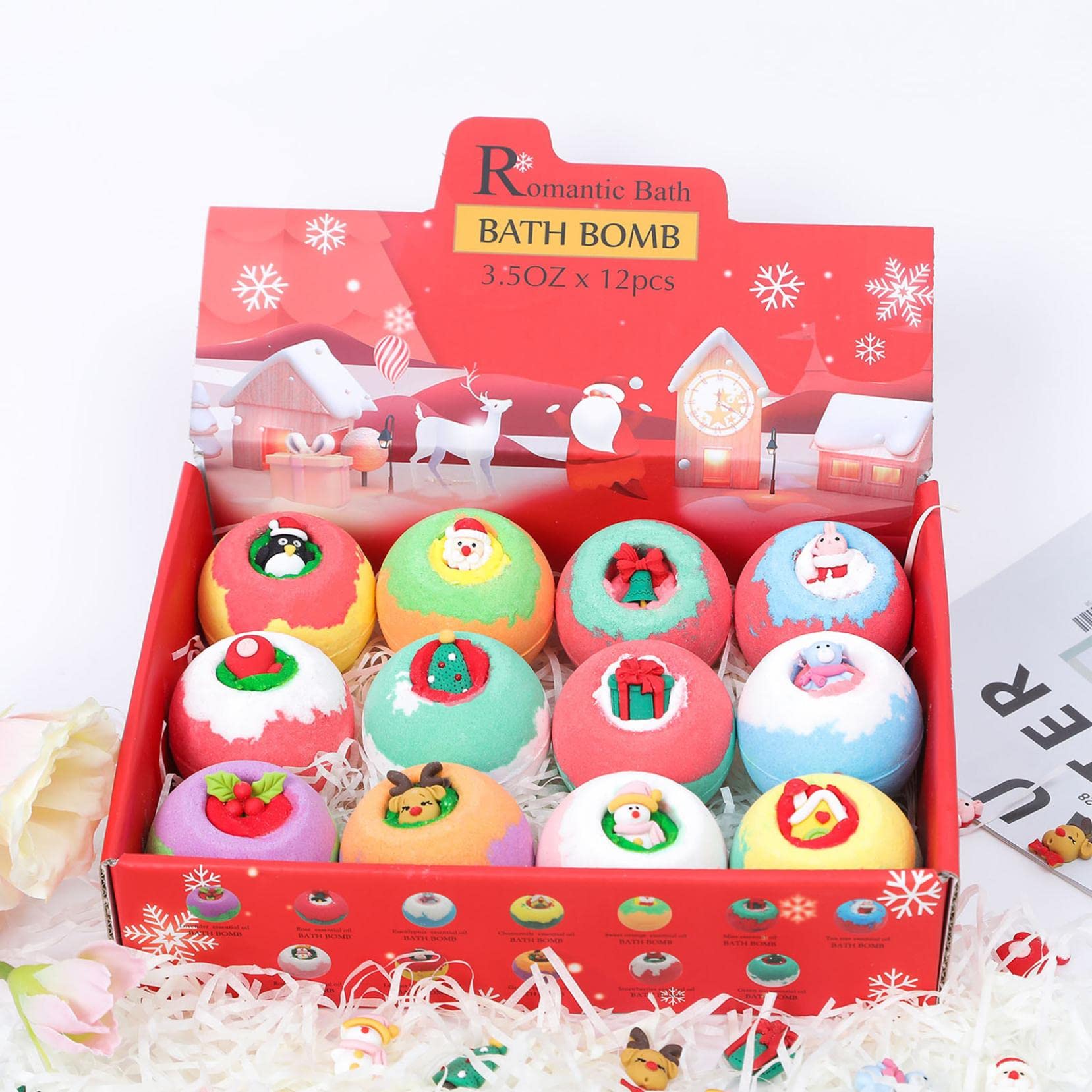 Christmas Bath Bombs 12 Pack Bubble Bath Bombs for Women Essential Oil Ingredient Skin Moisturize Smoother Face Foot Body Cleansing Anniversary Birthday Gift for Her (Set 1)