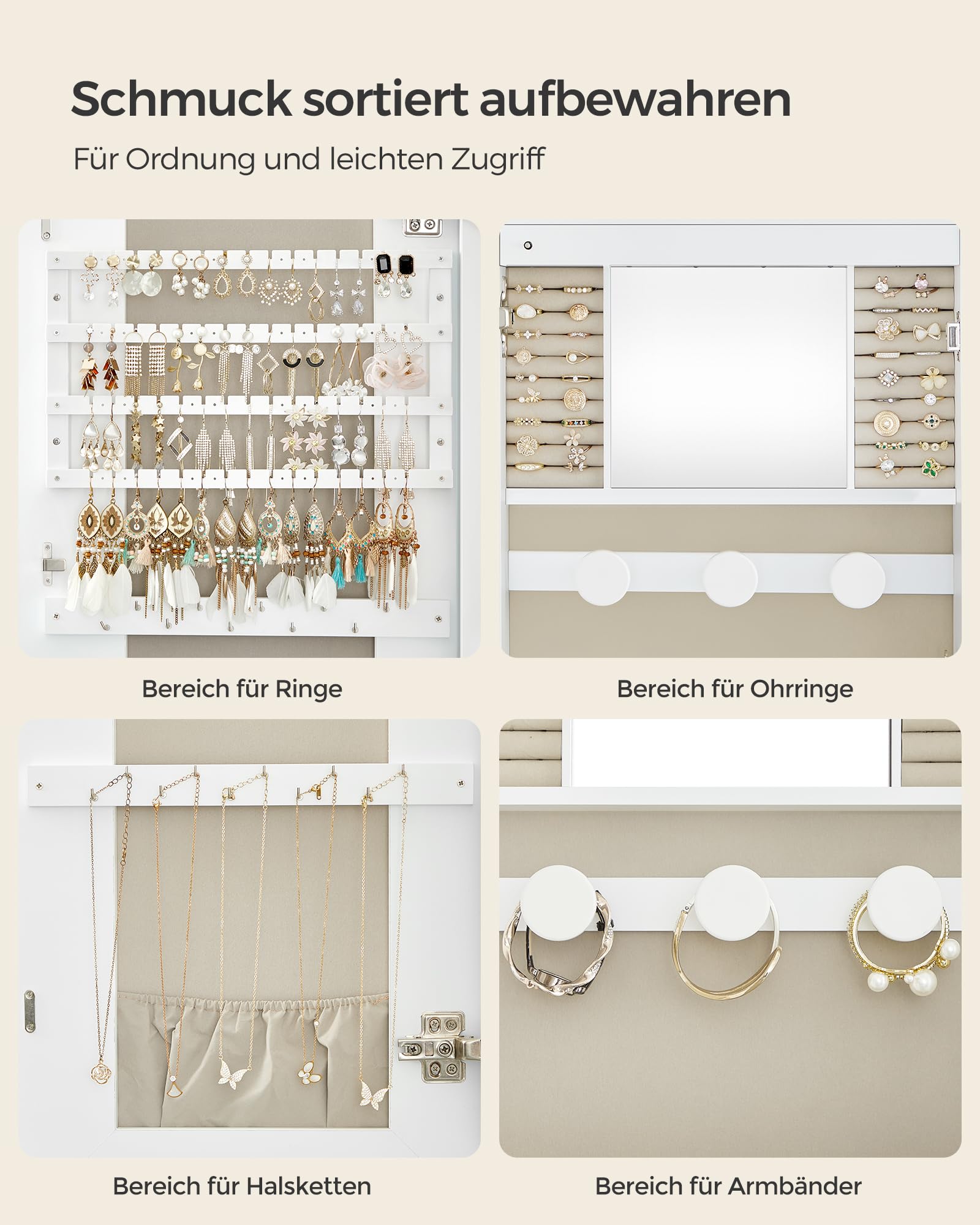 SONGMICS Schmuckschrank, Spiegelschrank, Schmuck-Organizer mit LED-Beleuchtung, abschließbar, Wandschrank mit Spiegel, für Ohrring, Halskette, Oberfläche in Weiß, Innenfutter in Greige JJC026W01