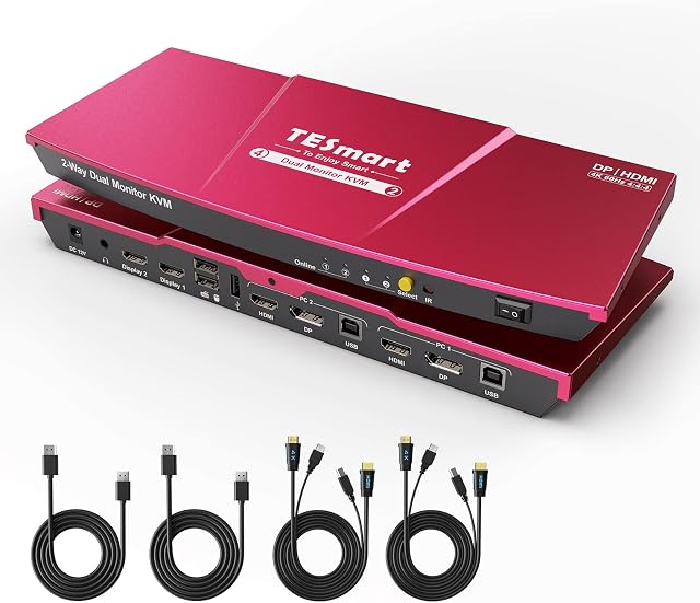 TESmart Dual Monitor KVM Switch 2 Port HDMI+DisplayPort, 4K@60Hz 4:4:4 2x2 KVM Switches for 2 Monitors 2 Computers, L/R Port, Hotkey,Dolby Vision,Extended Display with Cables and Remote Control (Red)