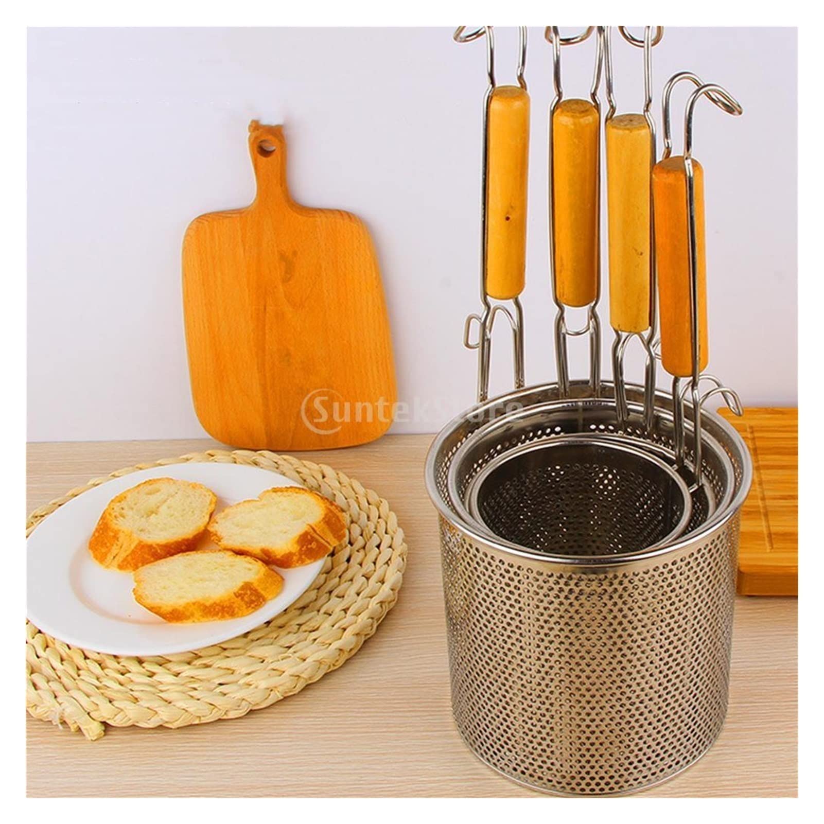 Colador Colador de Alimentos de Fideos de Acero Inoxidable con Gancho y Mango de Madera, Cesta de colador for Udon, albóndigas, Verduras o Pasta Cesta De Malla(12cm)