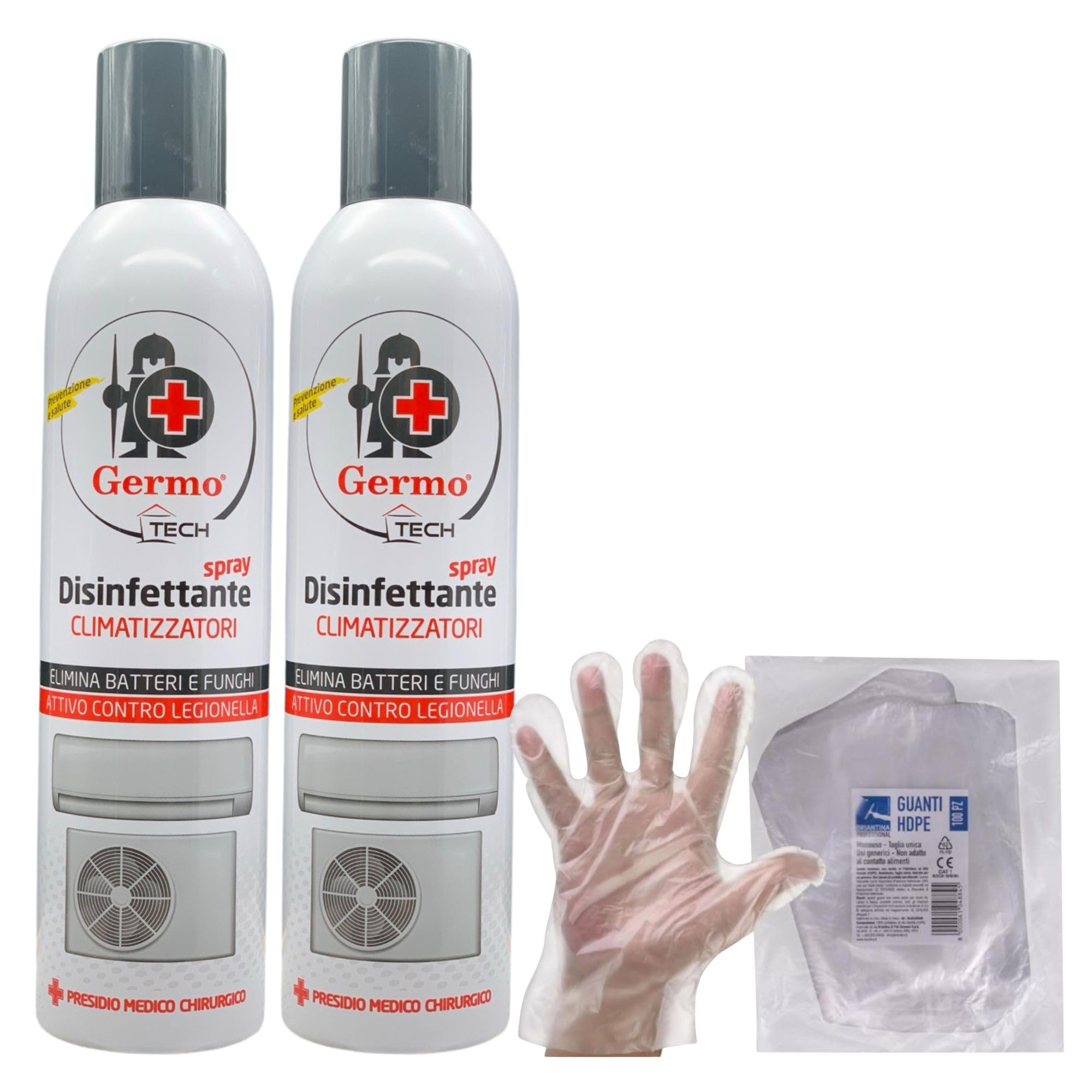 SET: Spray Disinfettante Per CLIMATIZZATORI, Agisce Direttamente Sui Microrganismi Responsabili Della Formazione Di Odori Sgradevoli 400ml + 100pz Guanti HDPE Monouso (2 Spray + 1 Guanti)