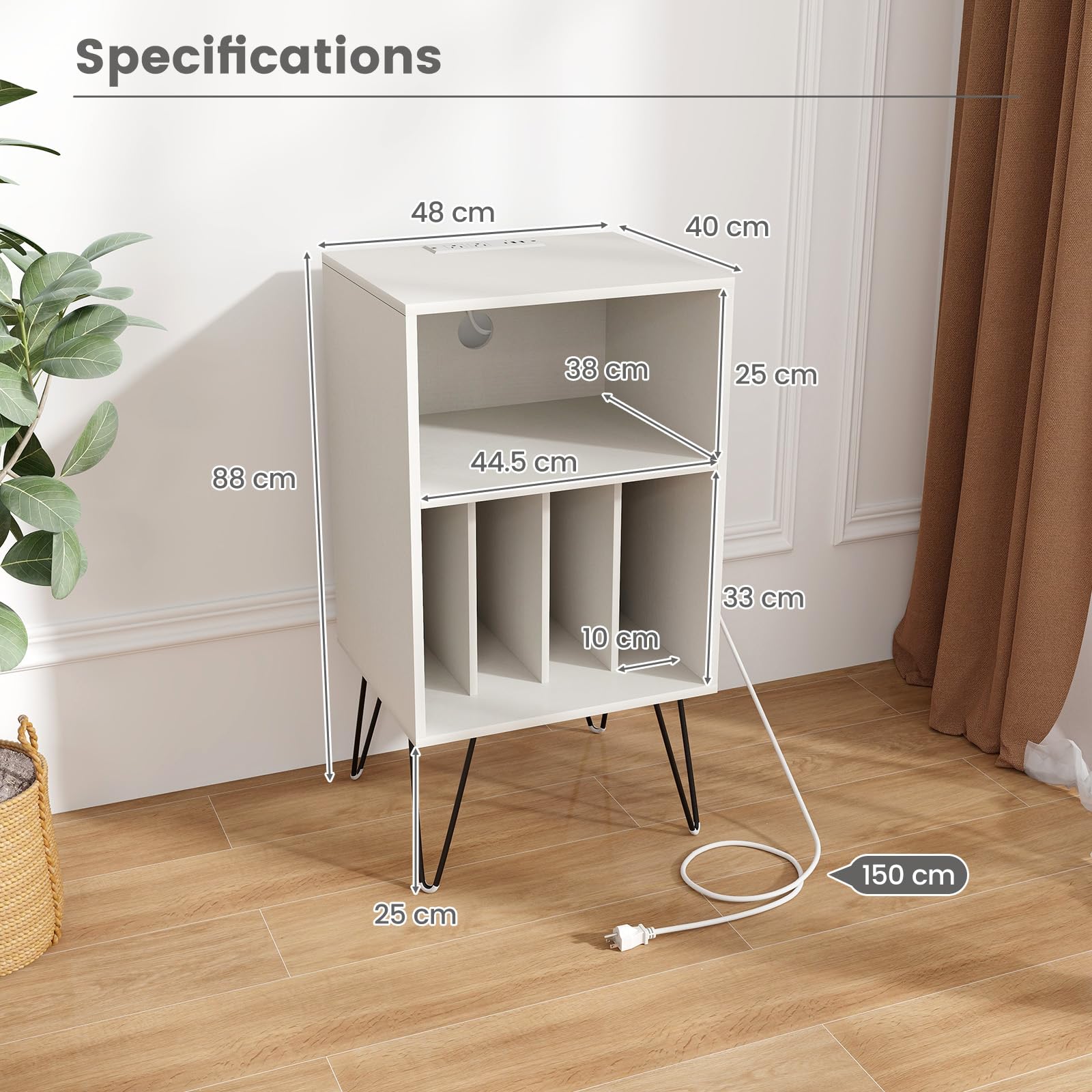 GIANTEX Scaffale per Giradischi a 3 Livelli, Stand per Giradischi Domestico con Stazione di Ricarica, Tavolo Porta Dischi in Vinile con Mensola e 4 Divisori, Scaffale Espositivo (Bianco)
