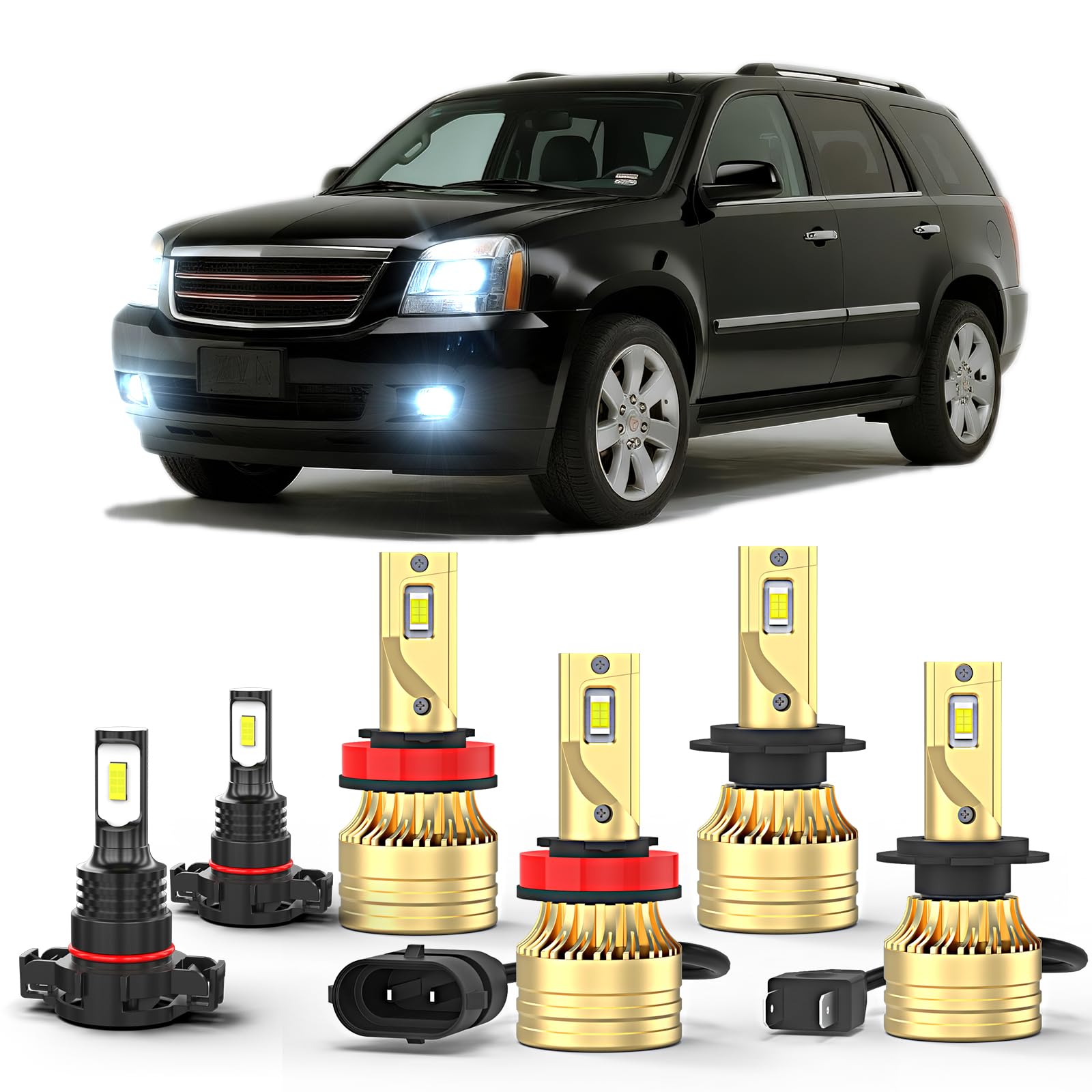 Fit For GMC Acadia 2007 2008 2009-2011 2012 6PCS LED Bulb,H7 H11 Hi Lo Beam lights +H16 Fog Light Bulbs,6000K White,Plug and Play