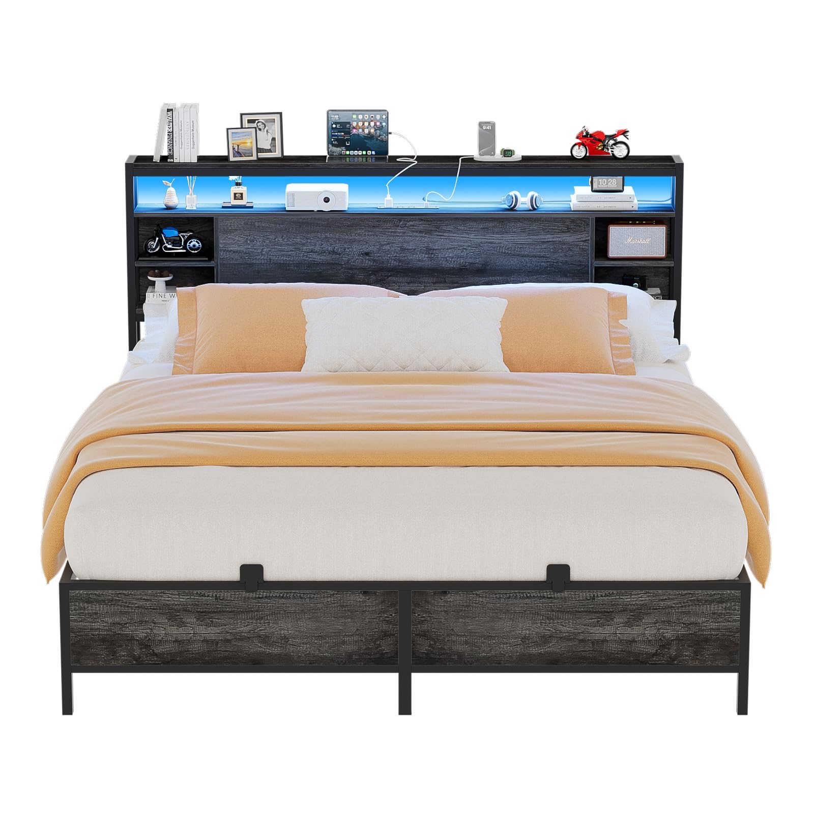 Unikito Full Size Bed Frame with Charging Station and RGB LED Light, Sturdy Platform Bed with Storage Headboard, Solid Metal Slats, Noises Free, No