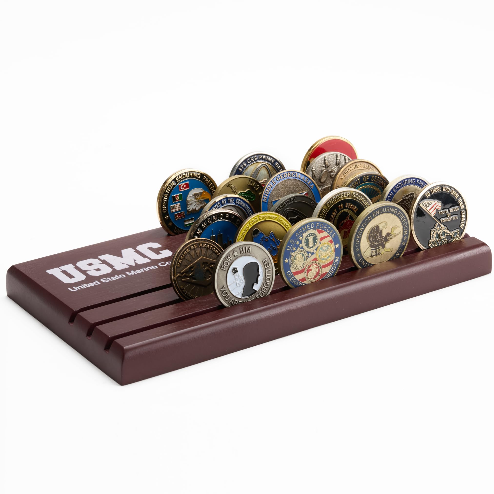 DECOMIL Challenge Coin Display Stand, Military Coin Holder Display, Solid Wood, 30 Challenge Coin Holder, Gift for Veterans, Coin Rack Display Military Emblems, Coin Tray (MARINE CORPS.)