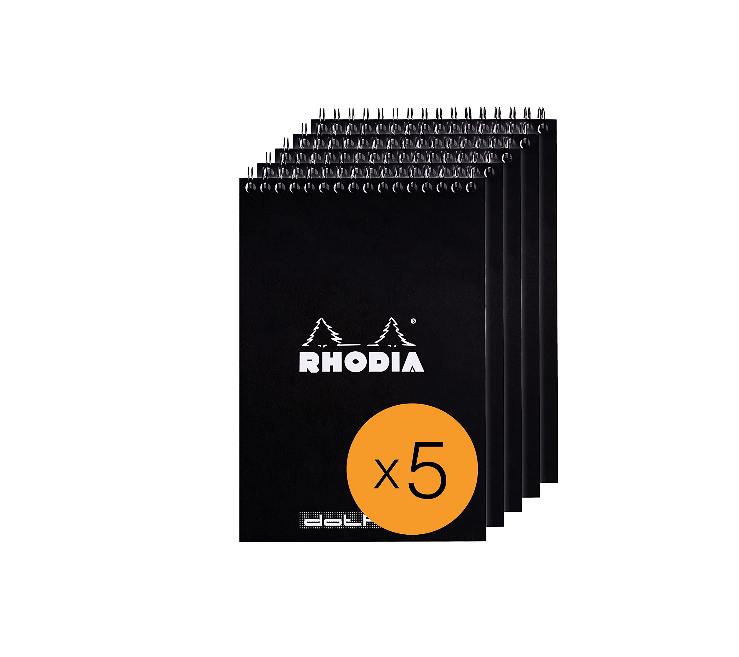 RHODIA 165039C - Spiral Notebook (Full Bound) Black - A5 - Dot Dotted - 80 Detachable Sheets - 80G Clairefontaine Paper - Coated Card Cover - Pack of 5 pads