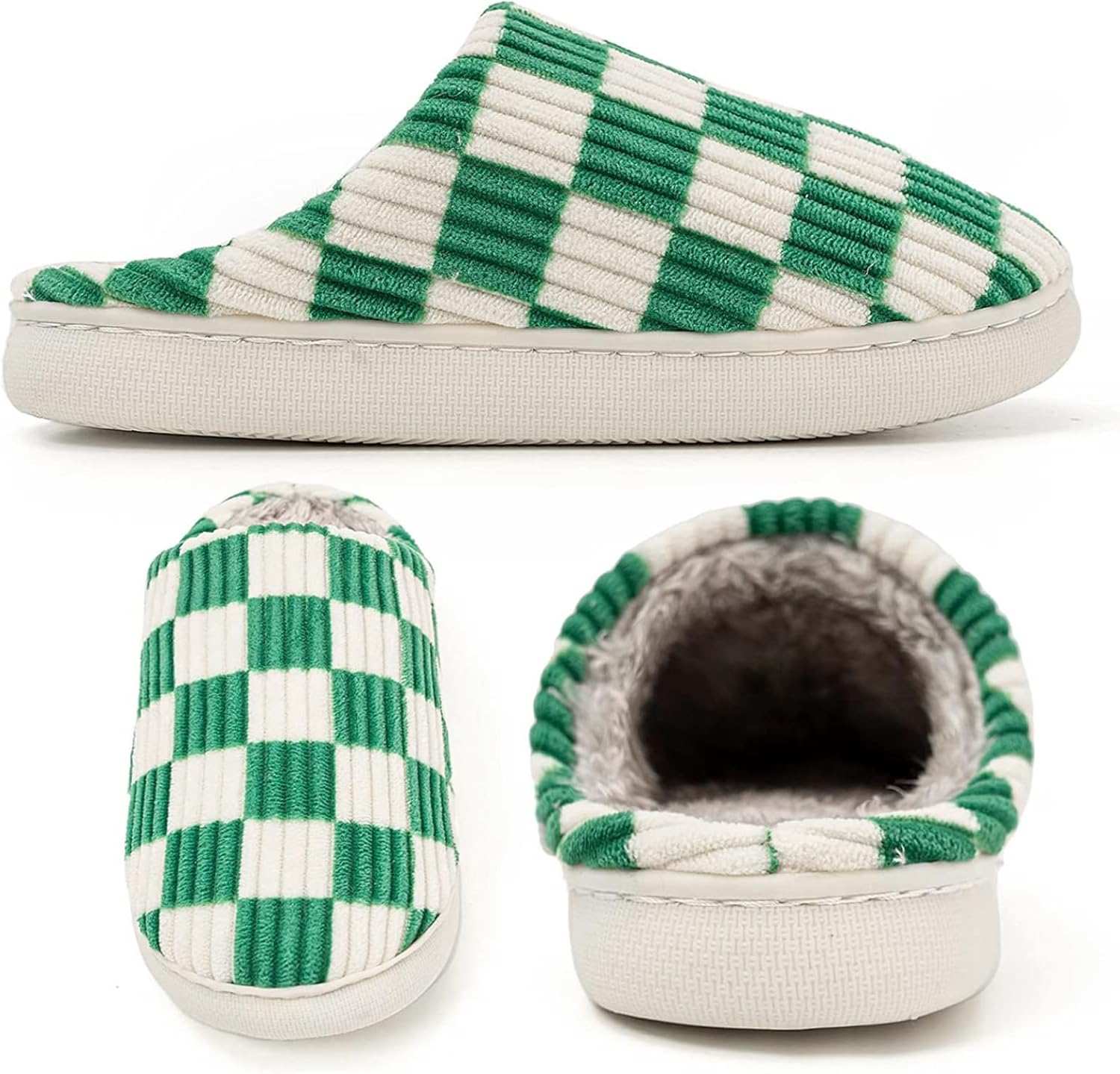 House Slippers for Woman Men, Fuzzy Checkered Mens Womens Slippers Warm Memory Foam House Shoes Indoor Outdoor with Faux Fur Lining - Image 2