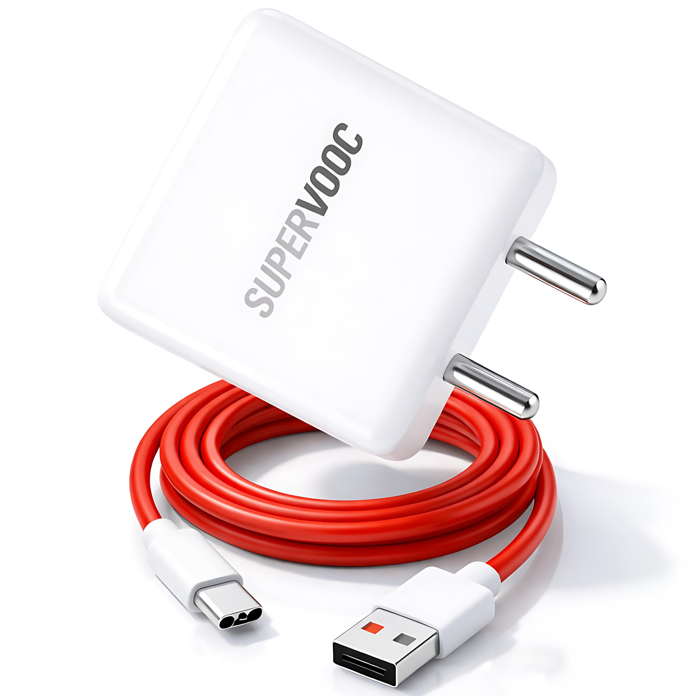 33W SuperVOOC Fast Charger with Red Type-C Cable Included, 4A High-Speed VOOC/Dart/Warp/Dash Charging Adapter for Android Devices, Travel Charger (White).
