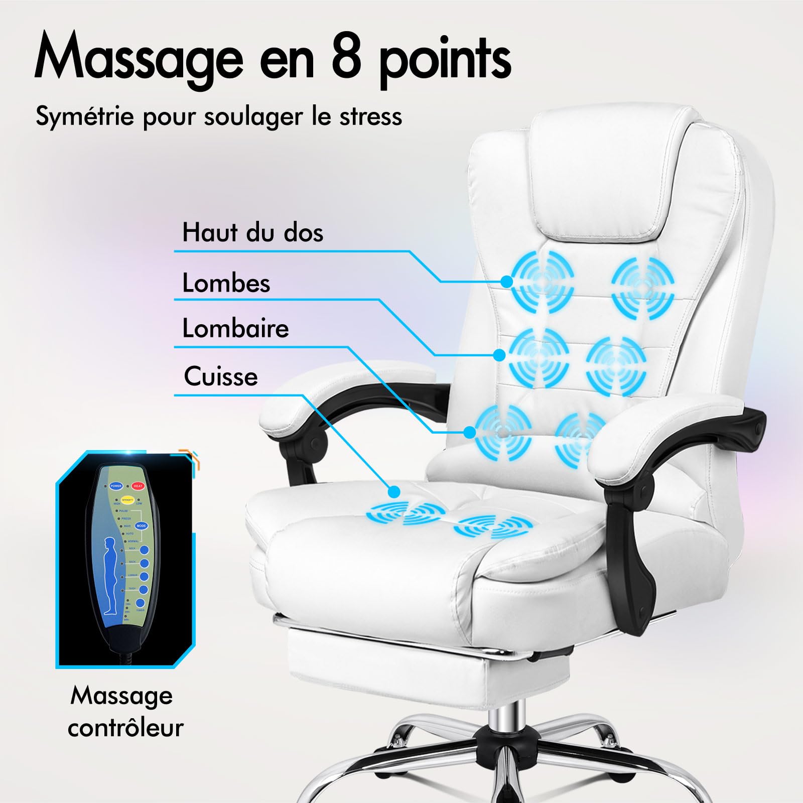 ALFORDSON Chaise de bureau ergonomique, Fauteuil avec fonction de massage thermique, chaise d'ordinateur en cuir PU avec accoudoirs rembourrés et appui-tête souple, chaise pivotante à roulettes, Blanc