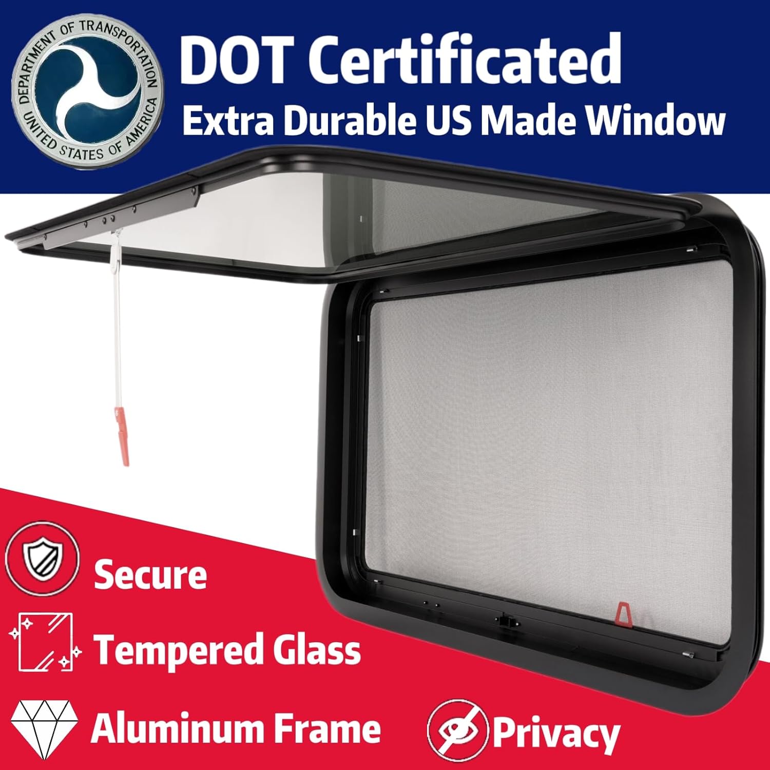 RV Emergency Exit Window 15"x22" Tempered Trailer Pop Out Window DOT Certified - Shatterproof Glass with Screen & Trim Kit, 1-1/2" Wall Fit for Teardrop Camper, Cargo Travel Trailer (Heat Insulation)