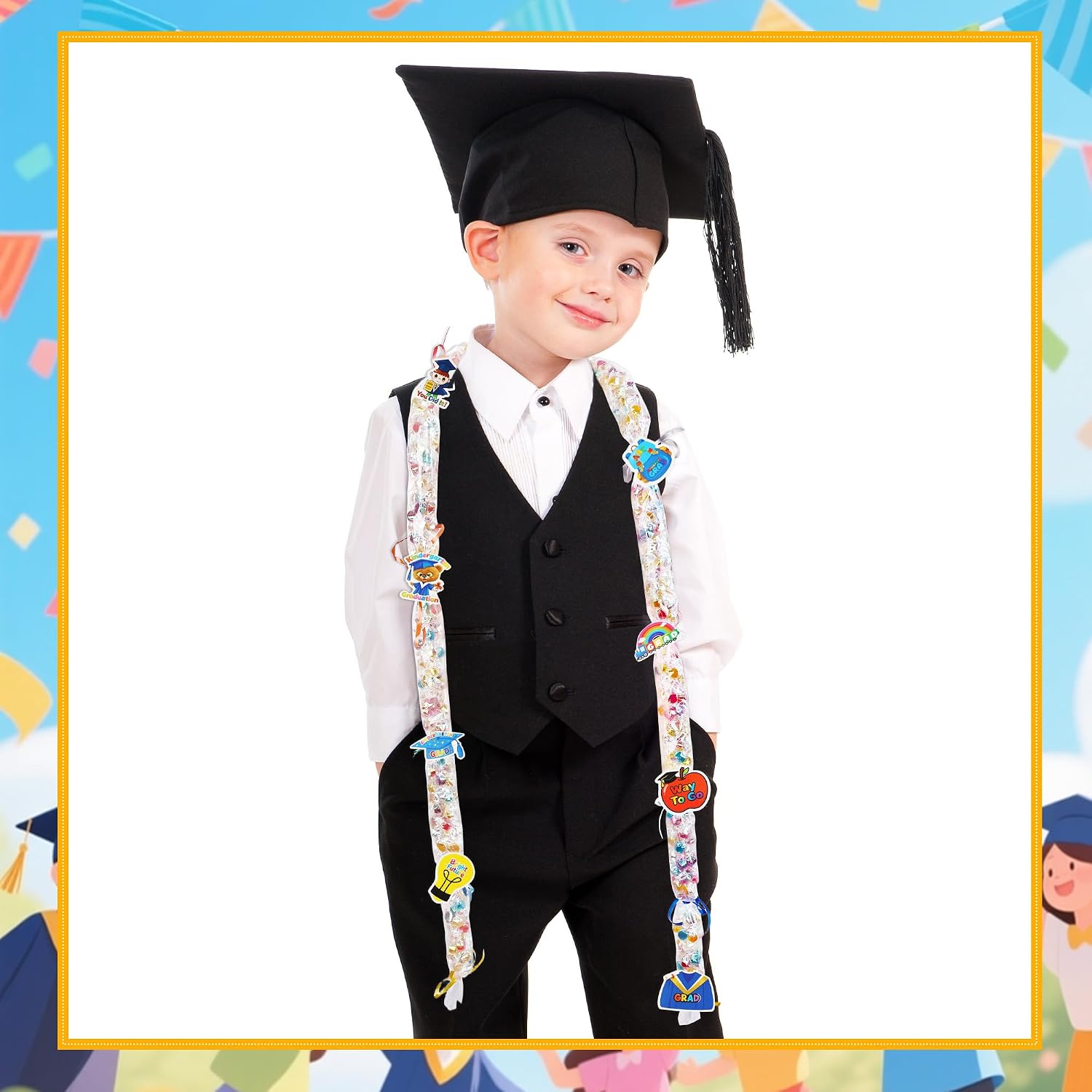 Barblog 220 Pcs Kids Preschool Graduation Candy Lei Making Kit Including 20 Candy Lei Tubing 160 Graduation Paper Cut 30 Rolls Ribbons 10 Sticky Dots for Kindergarten Graduation Party (Pink Set) image 5
