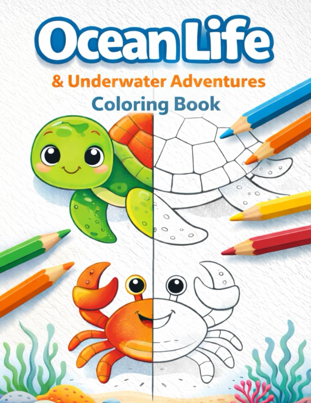 Ocean Life & Underwater Adventure Coloring Book: For Kids Ages 4-8: 60 Fun & Easy Sea Creatures to Color & Learn