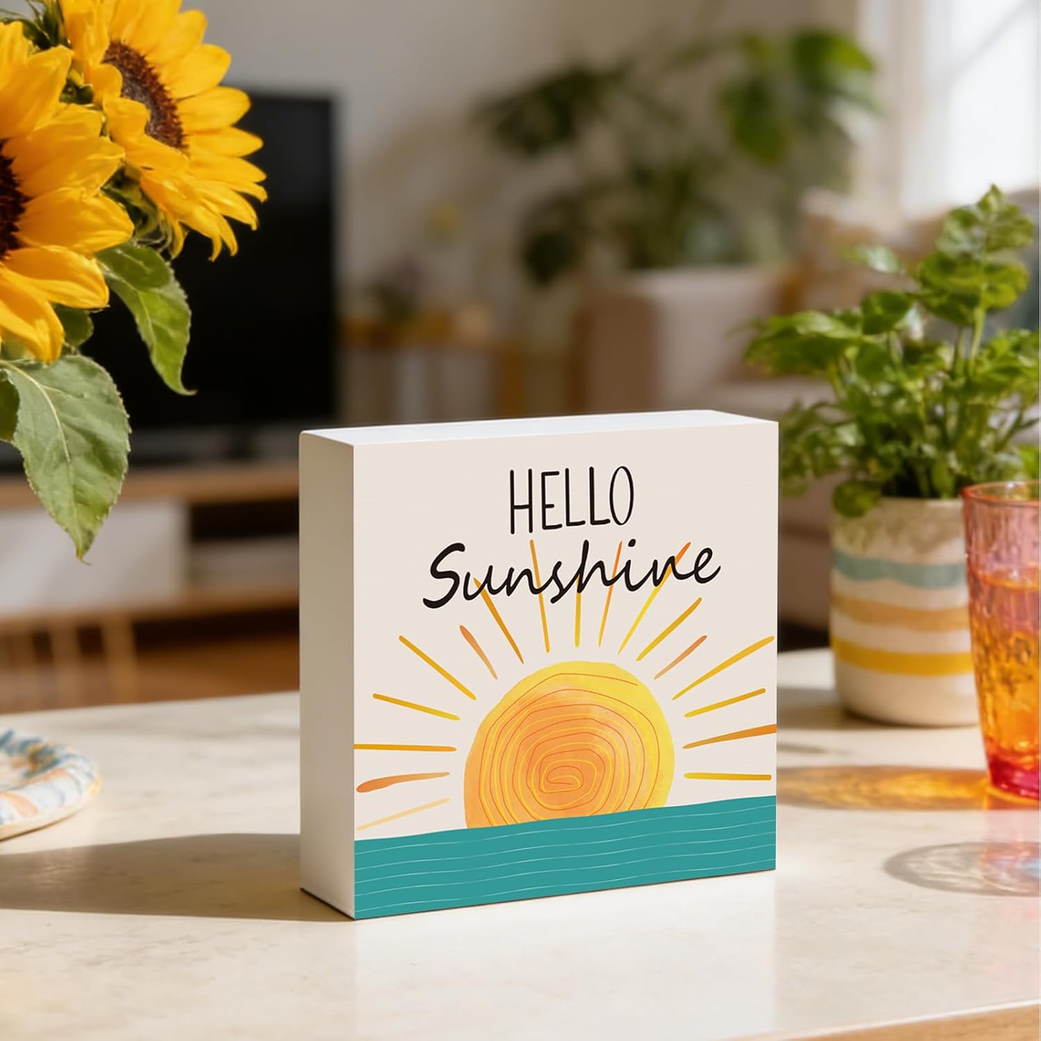 Summer Decor Summer Decorations for Home Indoor Hello Sunshine Table Decor Home Room Office Bathroom Wood Box Sign Rustic Wooden Shelf Desk Decor Season Sign House Warming Gifts 5.9 x 5.9 Inch - Image 6