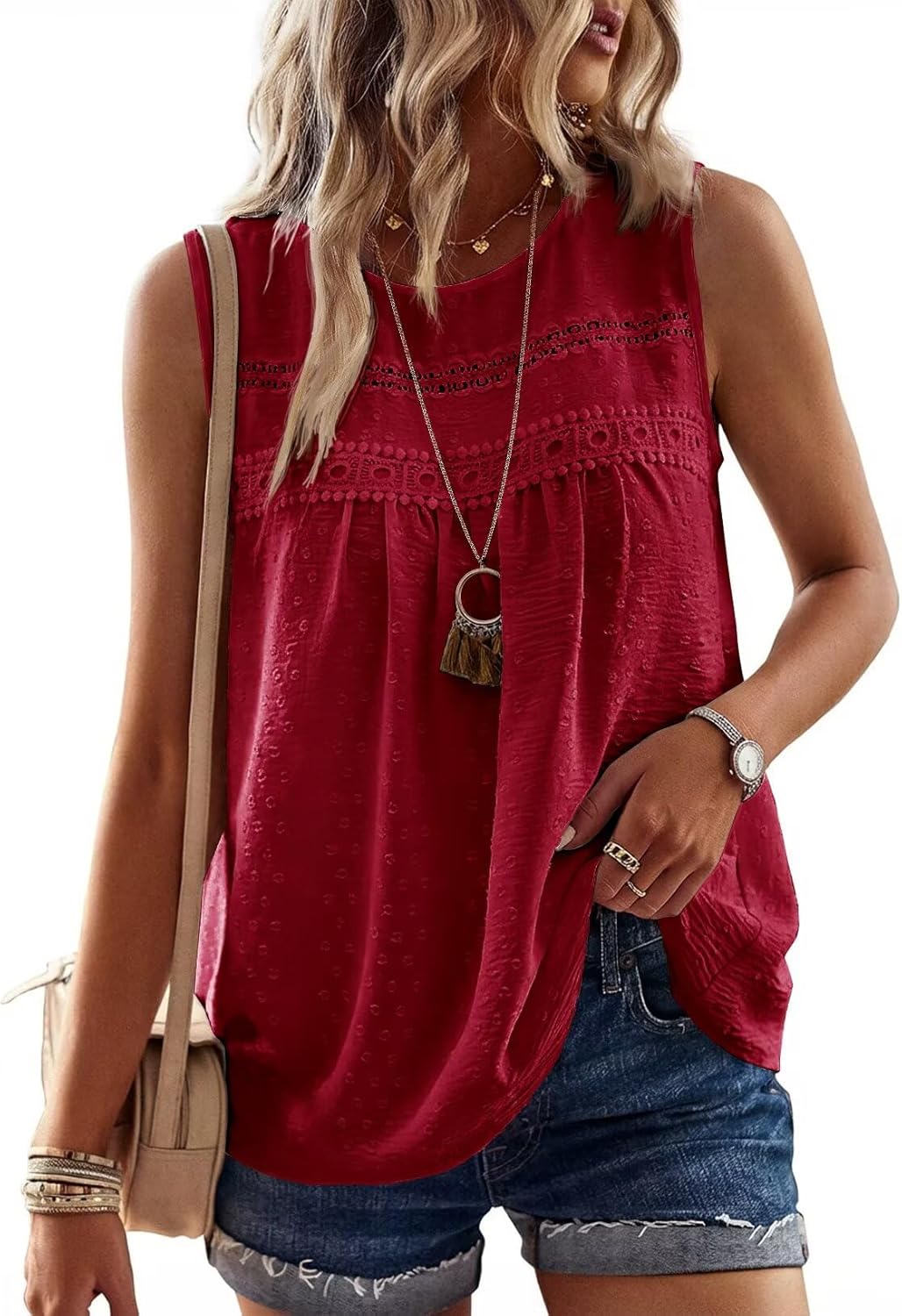 Womens Summer Tops Boho Shirts Crewneck Sleeveless Tank Tops Flowy Lace Hem Casual Blouses Clothing Trendy 2026