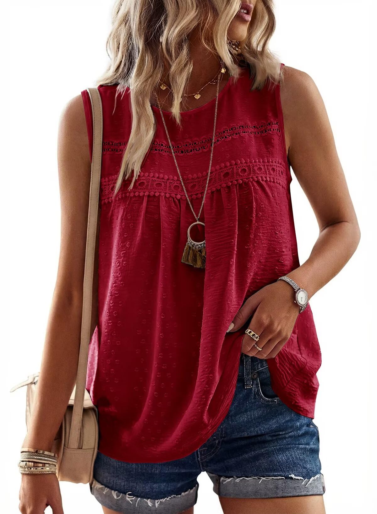TUUHAW Tank Top Damen Sommer Boho Bluse Ärmellose Oberteile Fließend Elegant Rundhal T Shirt Lässig Basic Sexy Spitze Outfits