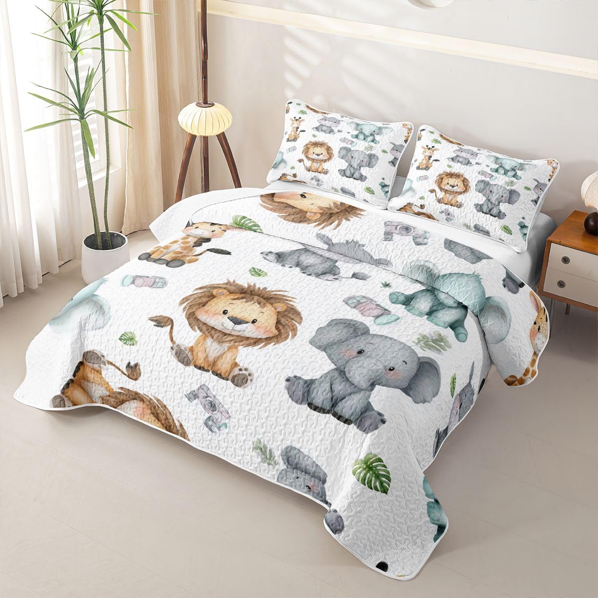 Erosebridal Cartoon Animals Quilt Set Full Size for Nursery Child Bedroom Cute Lion Elephant Hippo Quilt Tropical Palm Tree Leaves Quilted Bedspread Kawaii Zoo Wildlife Soft Cozy Coverlet
